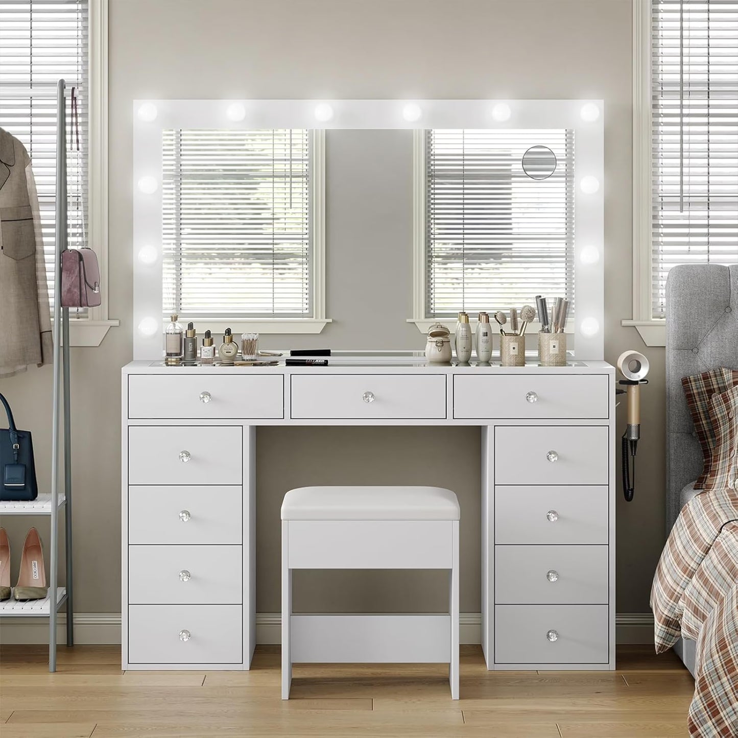 White Vanity Desk with Illuminated Mirror  Power Outlet, 11 Drawers Vanity Table with Chair, Makeup Vanity with 12 LED Lights, Tempered Glass Top, Dressing Table for Bedroom,Dressing Room(White)