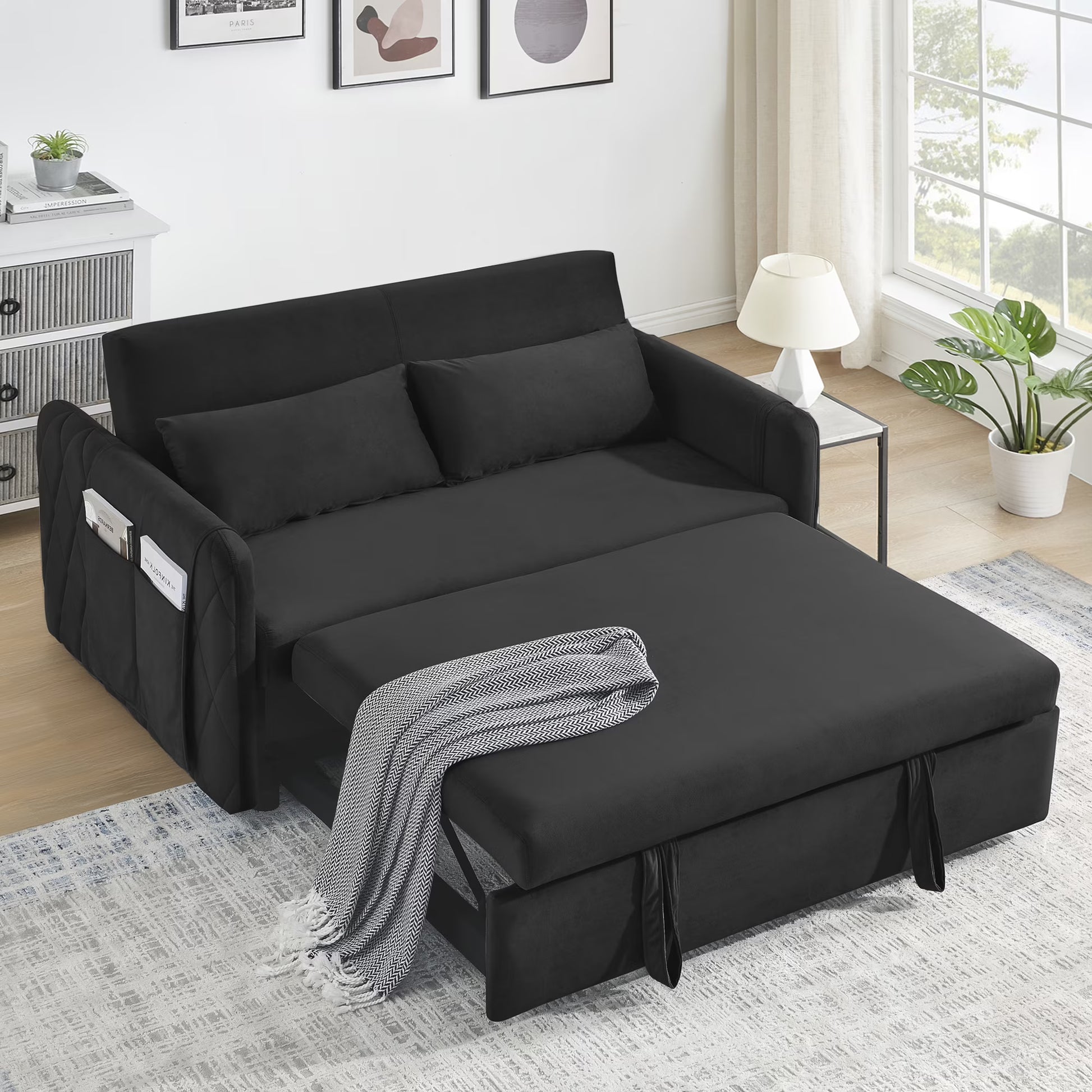 Convertible Sofa Bed,3 in 1 Sleeper Sofa with 2 Pillows and Adjustable Backrest for Living Room Office,Black(Black)