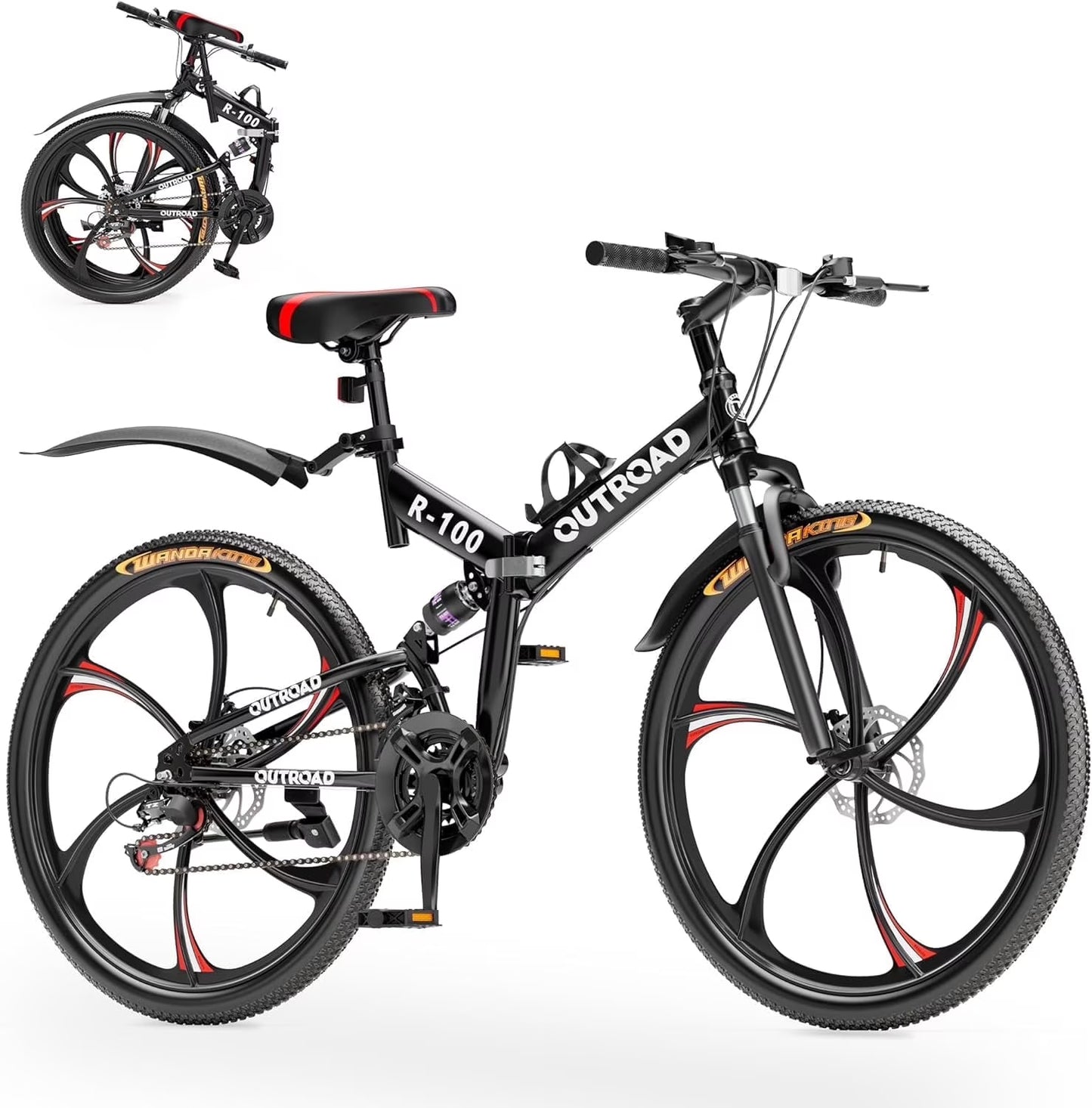 SUNCROWN 26 Inch Folding Mountain Bike, 21 Speed Full Suspension High-Carbon Steel MTB Foldable Bicycle, Dual Disc Brake Non-Slip Folding Bikes for Adults/Men/Women, Black(Black)
