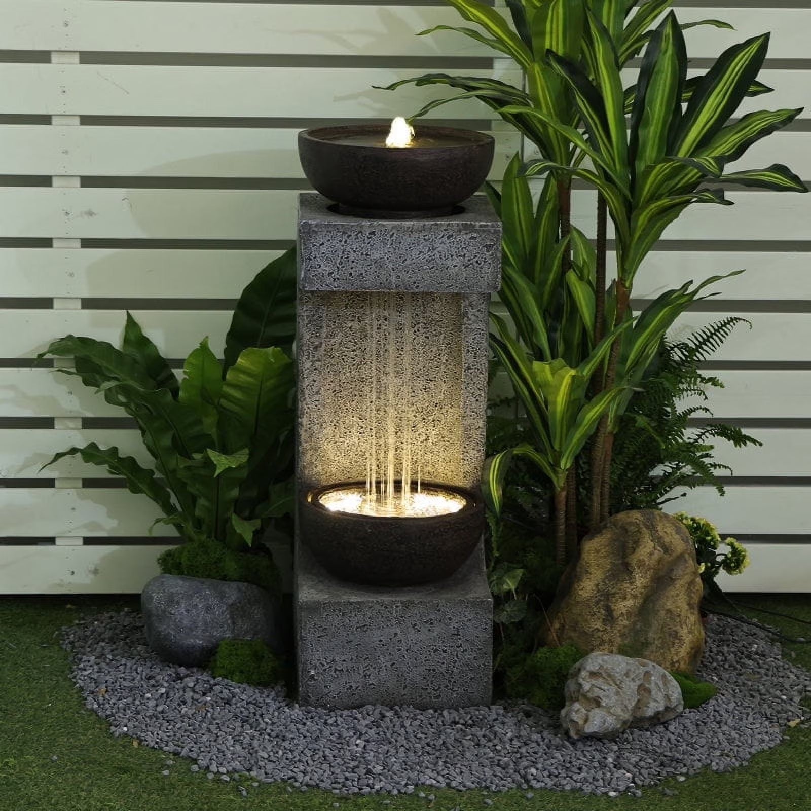 Water Fountain Modern Tiered Outdoor Fountain with Lights and Stone Planter for Garden, Patio, Backyard, Deck, Porch and Home Art Decor