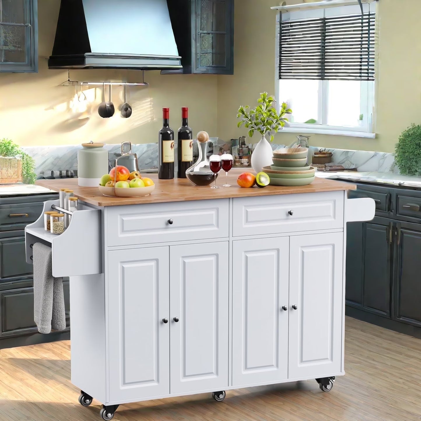 Lofka 52-Inch Kitchen Island with Storage on Wheels with Wood Drop Leaf, Ideal for Small Kitchens(White)