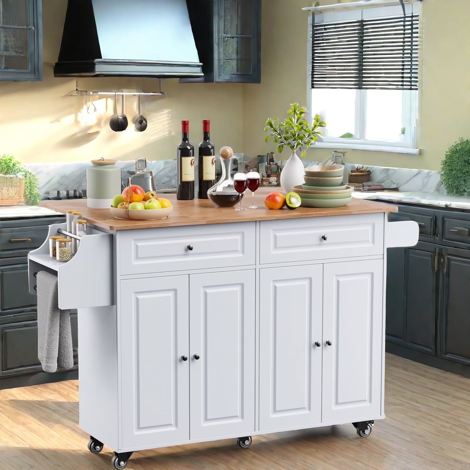 Lofka 52-Inch Kitchen Island with Storage on Wheels with Wood Drop Leaf, Ideal for Small Kitchens(White)