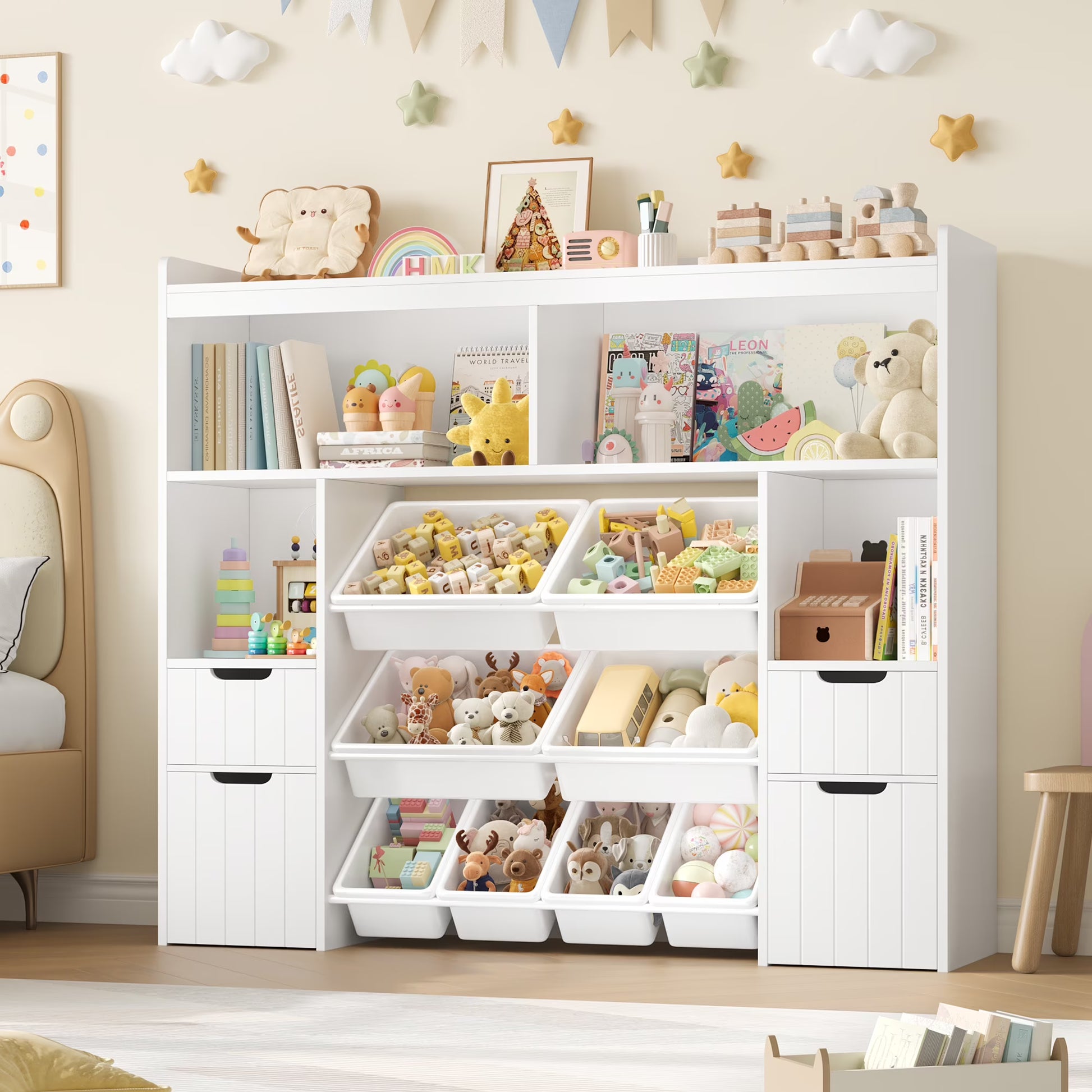 Homfa Kids Toy Storage Organizer with Removable Bin, Kids Bookshelf and Bookcase Toy Box with Drawers for Playroom, Classroom, White(White)