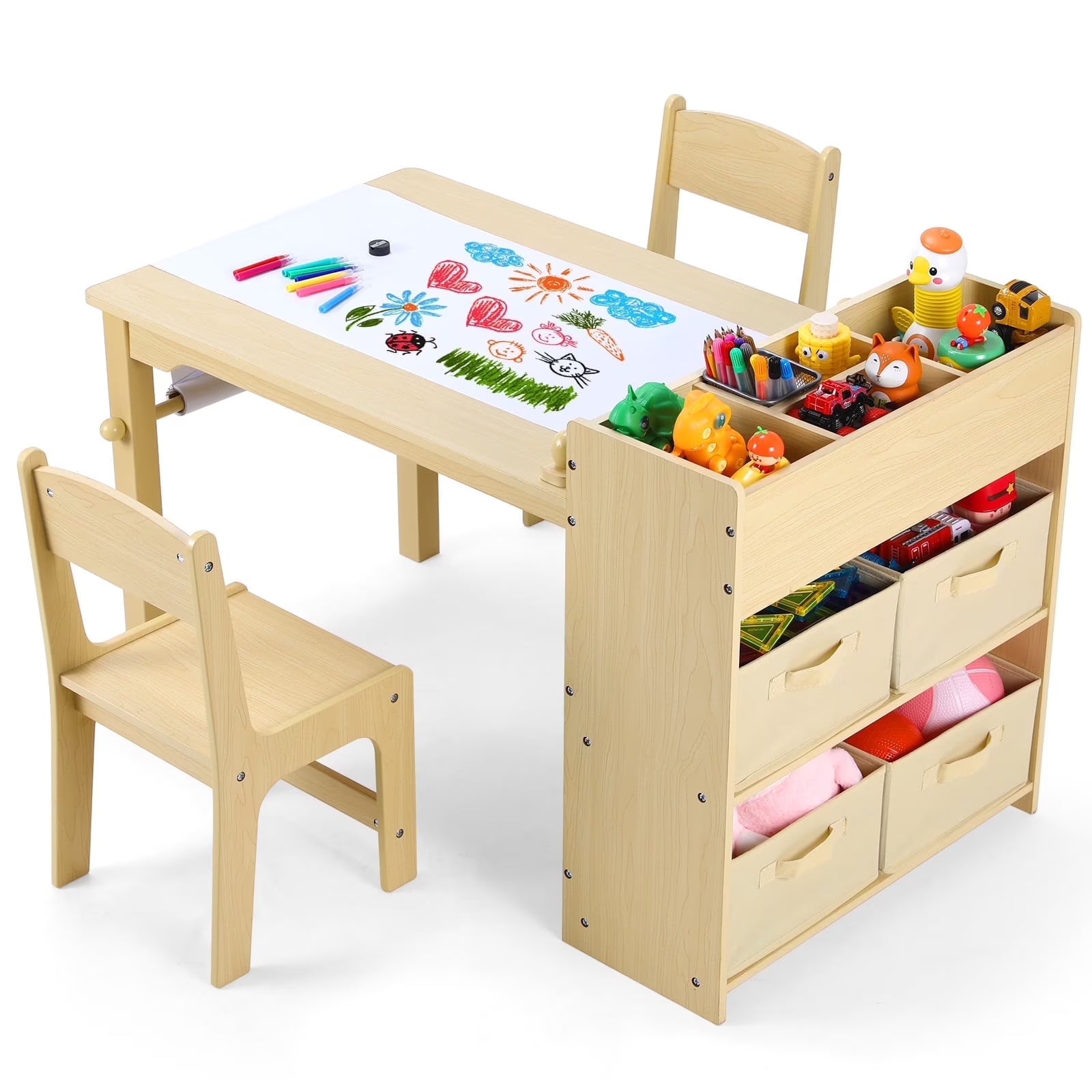 Pirecart Kids Art Table and 2 Chairs Toddler Craft Set Wooden Play Activity Drawing Table with 4 Storage Bins and Paper Roll(Natural Wood)