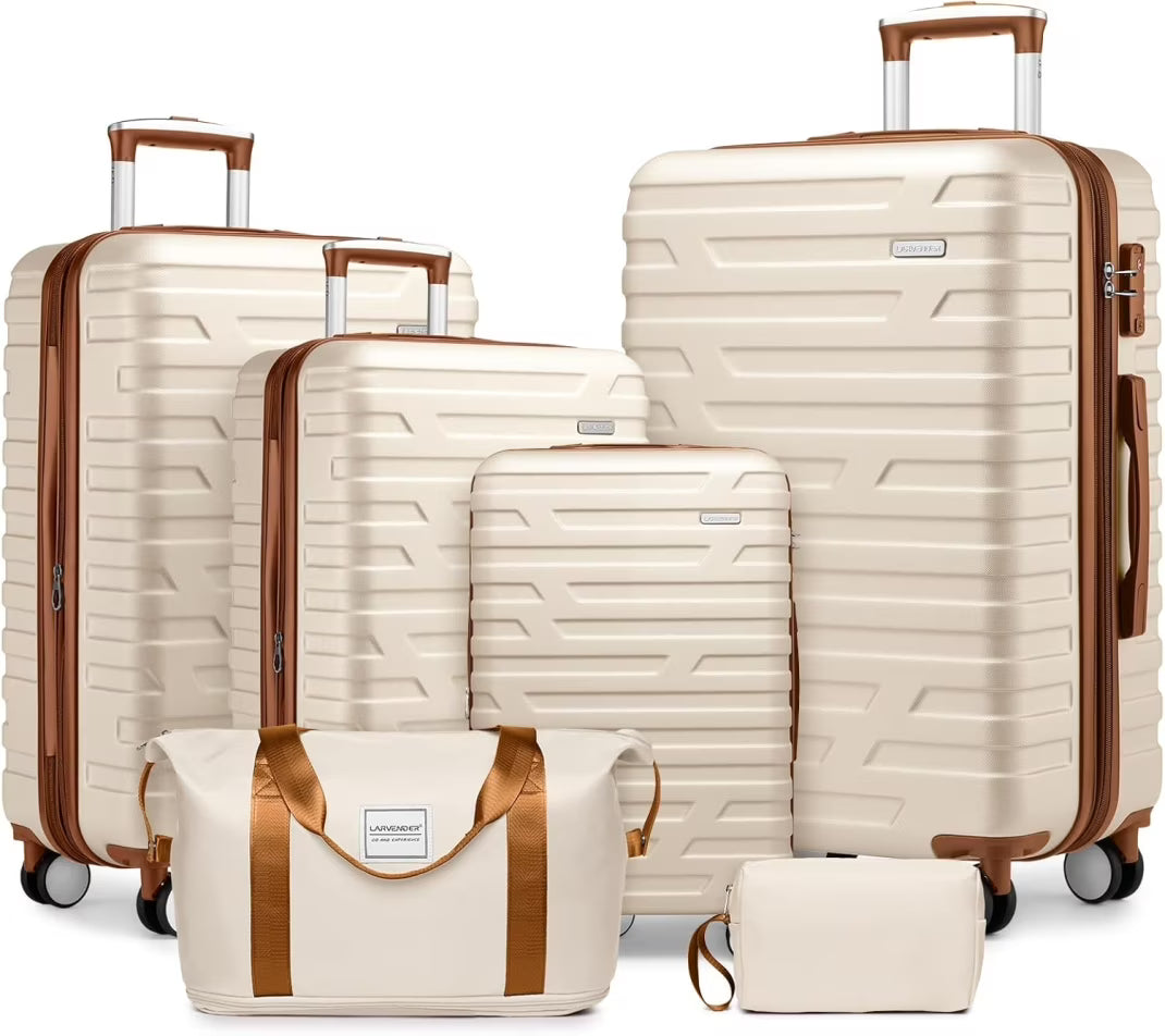 6-Piece Hardshell Luggage Set with Expandable Spinner Suitcases  TSA Lock, 25% Extra Capacity, Duffel Bag  Toiletry Kit, Cream ABS Suitcases(Cream+Brown)
