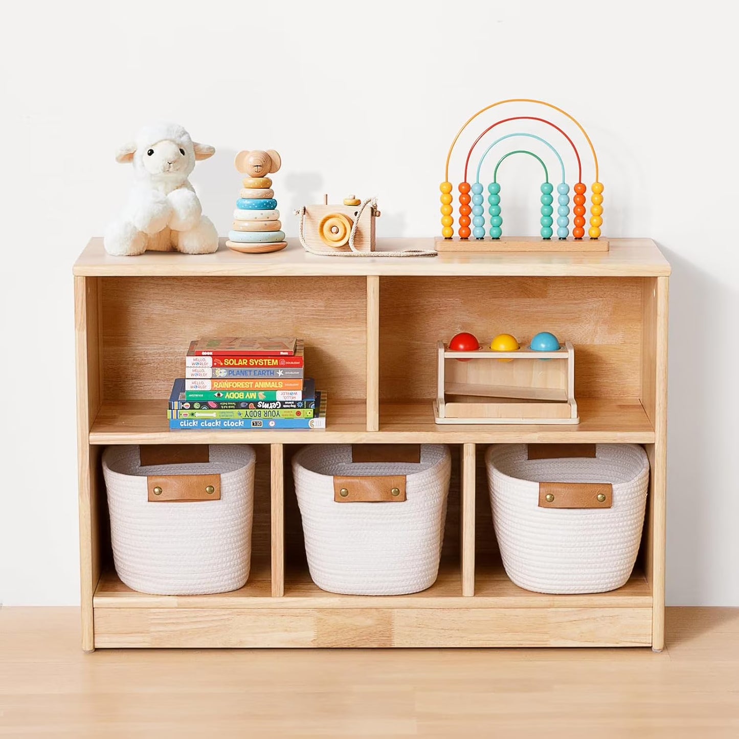 Rubber Wood 5-Compartment Montessori Shelf, 35.4" L Toddler Bookshelf, 2-Tier Wooden Storage Cabinet, Kids Classroom Organizer, Playroom, Daycare and Preschool Storage Shelves