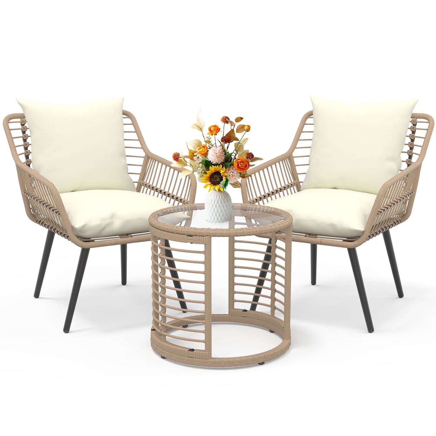 Ainfox 3-Piece Steel Outdoor Bistro Sets with Metal Chairs and Glass Top Table, Beige(3PCS/Yellow+Beige/Round Table)