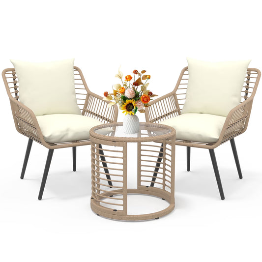 Ainfox 3-Piece Steel Outdoor Bistro Sets with Metal Chairs and Glass Top Table, Beige(3PCS/Yellow+Beige/Round Table)