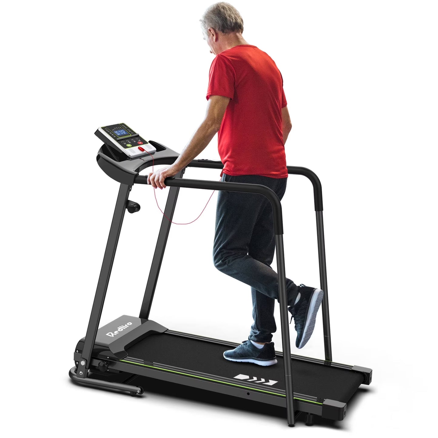 Redliro Treadmill for Seniors with Long Handrails - Recovery Treadmill for Walking 300 lbs Weight Capacity - Walking Treadmill Elderly with Desk  Cup Holder (Glossy Black)