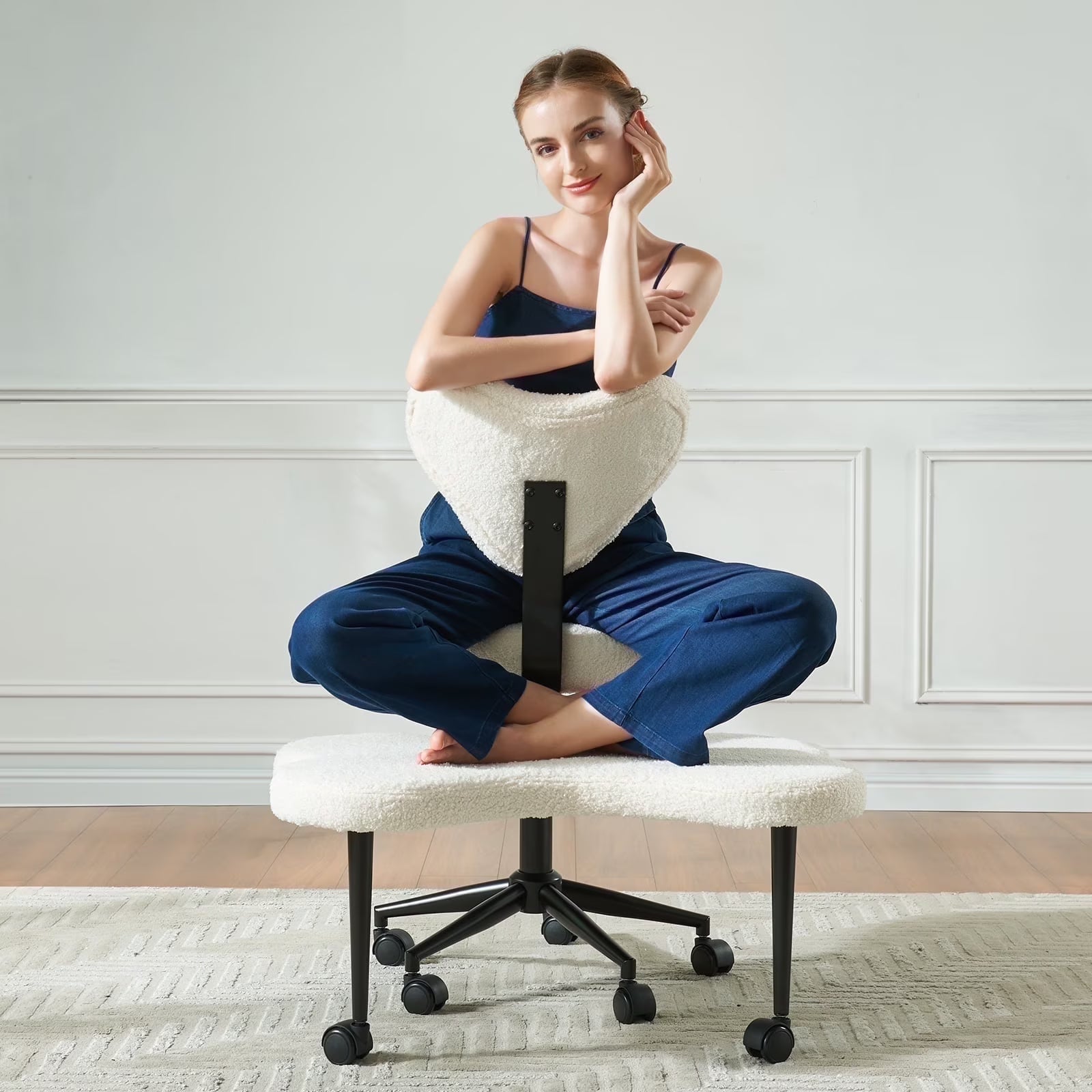 Pinmoco Ergonomic Cross Legged Swivel Chair, Adjustable Height and Teddy Fabric, Meditation ADHD Chair with Back Support, Home and Office, Off White(Off-White)