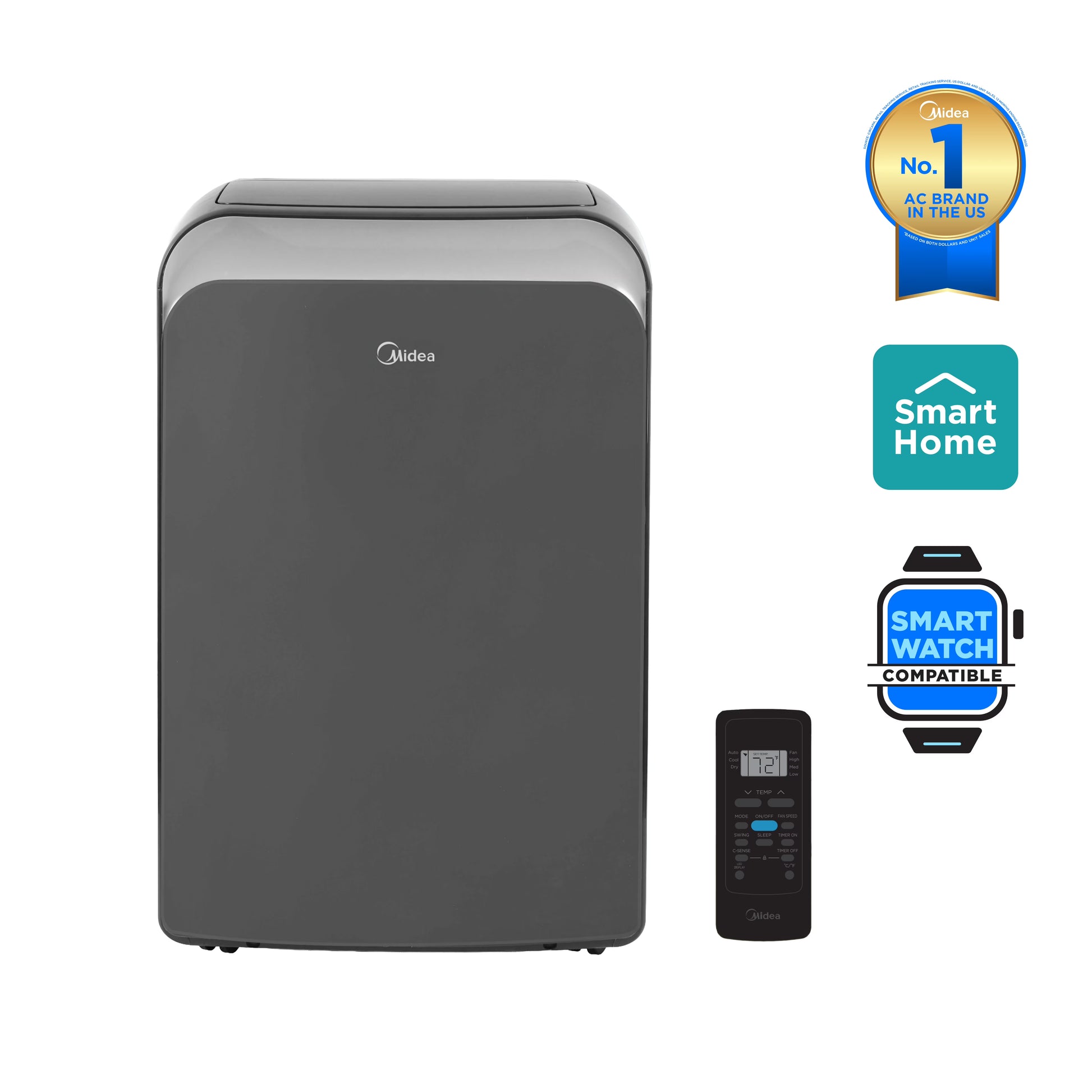 Midea Smart Portable Air Conditioner, 8,000 BTU (12,000 ASHRAE), 115V, MAP08S1WGR-T, Cools Rooms up to 350 Sq. Ft.(Gray)