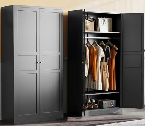 Metal Wardrobe Cabinet with Hanging Rod,Black Armoire Wardrobe Closet,Metal Clothing Storage Cabinet with Adjustable Shelves and Doors,72" Cloth Storage Cabinets for Home,Living/Laundry Room(72"H with Hanging Rod/Black)