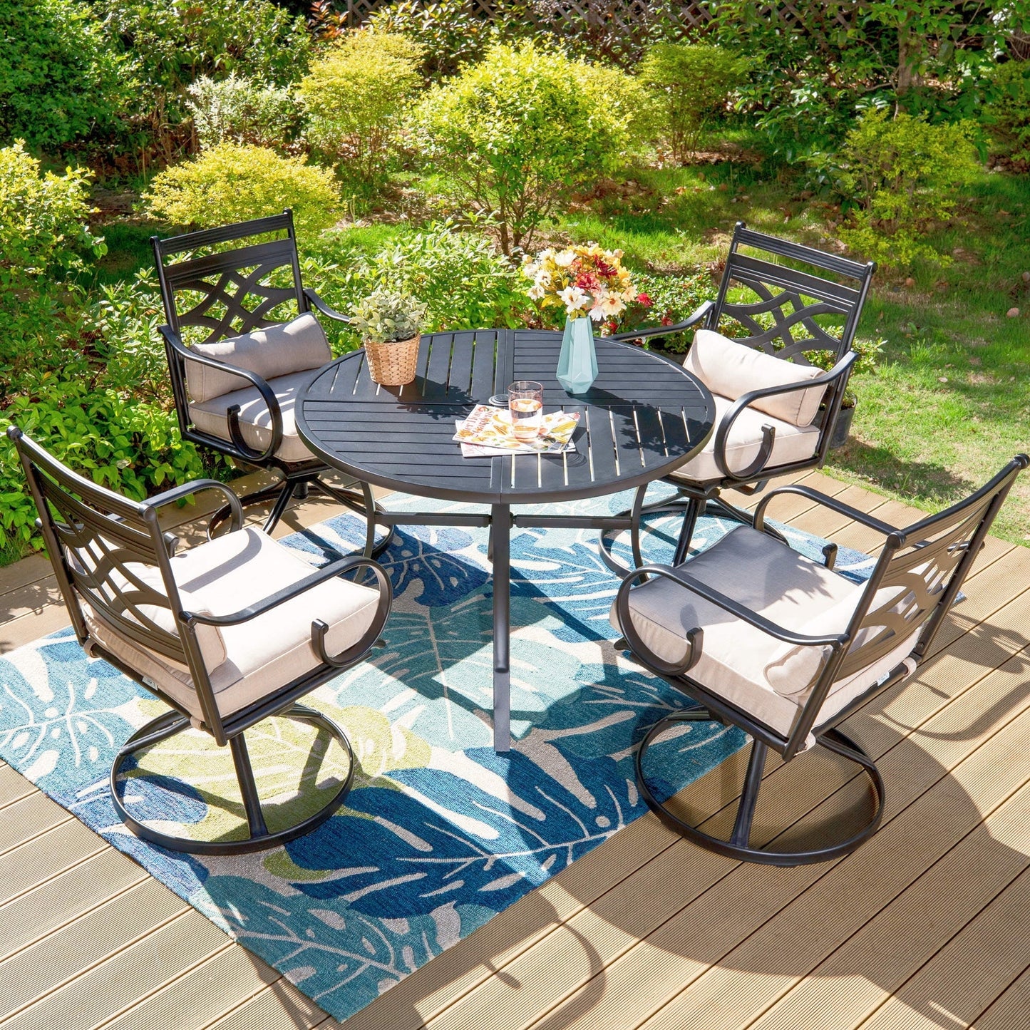 MF Studio 5 Pieces Patio Dining Set 1 Piece Metal Round Table  4 Pieces Outdoor Swivel Chairs with Cushion