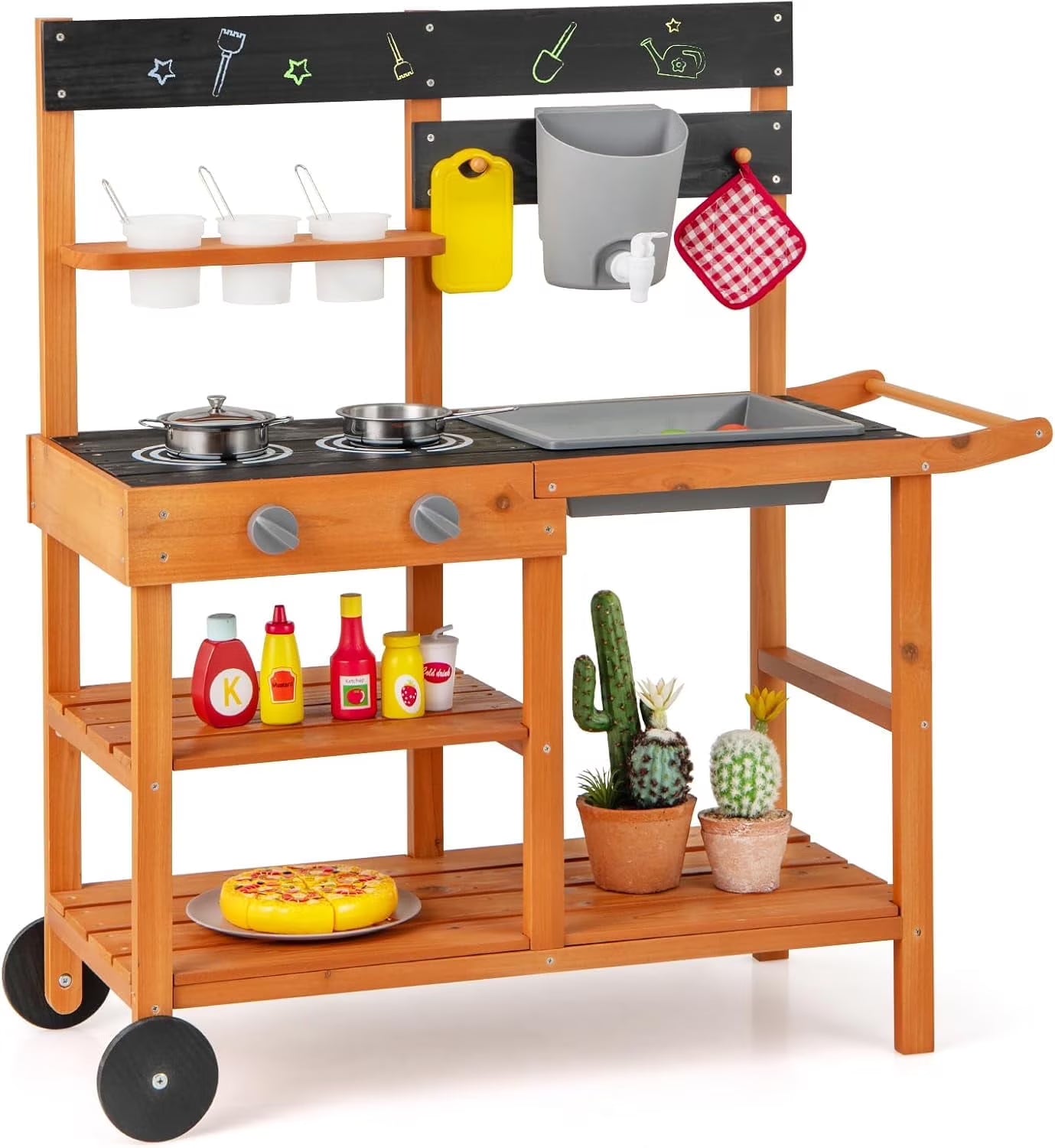 OLAKIDS Mud Kitchen, Outdoor Play Kitchen with Wheels 3 Cups Removable Sink Cooking Accessories Wooden Kids Kitchen Playset Backyard Garden Toys Gift for Boys Girls Ages 3+(Outdoor/with Wheels)