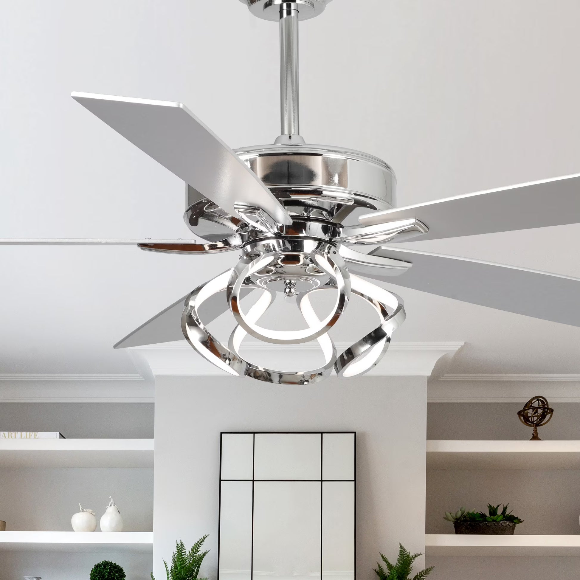 Parrot Uncle 52-Inch Contemporary Chrome Ceiling Fan with Integrated LED Lights and Remote Control(Chrome)