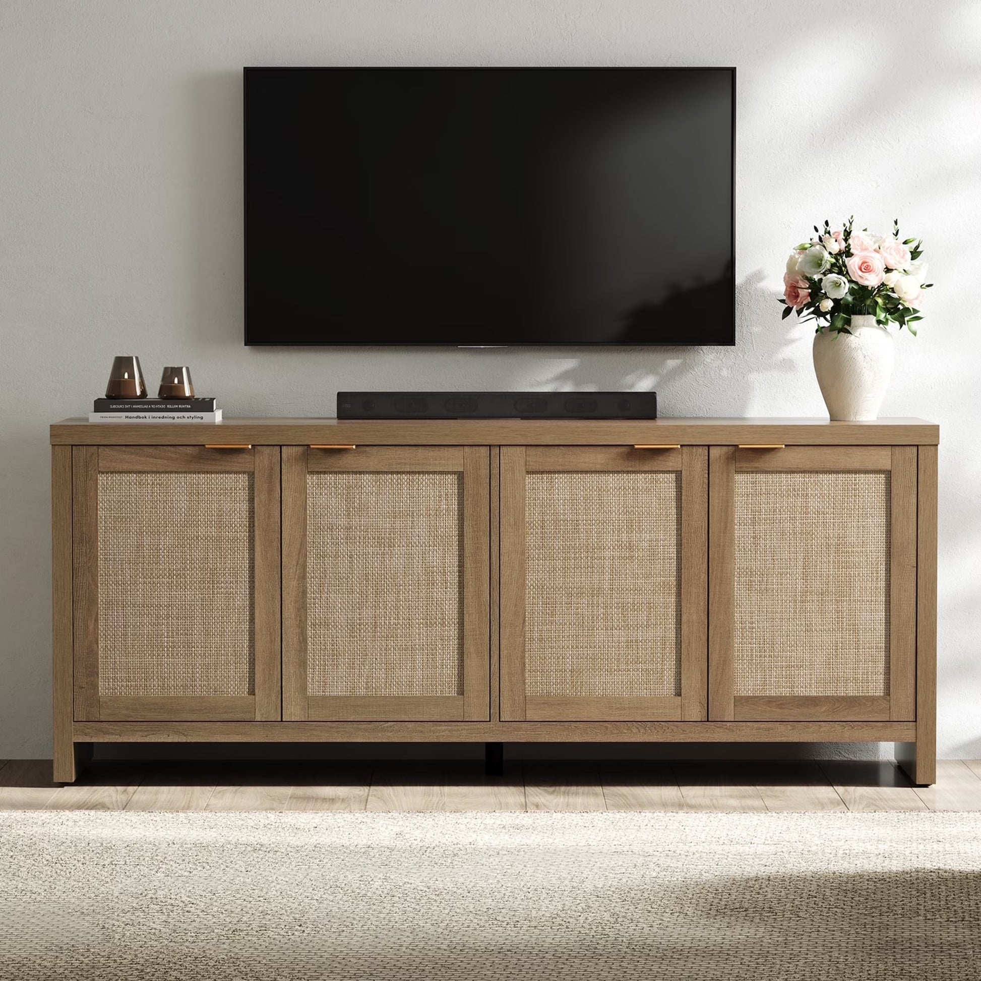 SICOTAS 61.5"W Rattan TV Stand with 4 Doors, Boho Entertainment Center with Adjustable Shelves  Spacious Countertop �C Large Boho Farmhouse Media Console for Living Room, Reclaimed Caramel Oak(Natural Oak/Single)