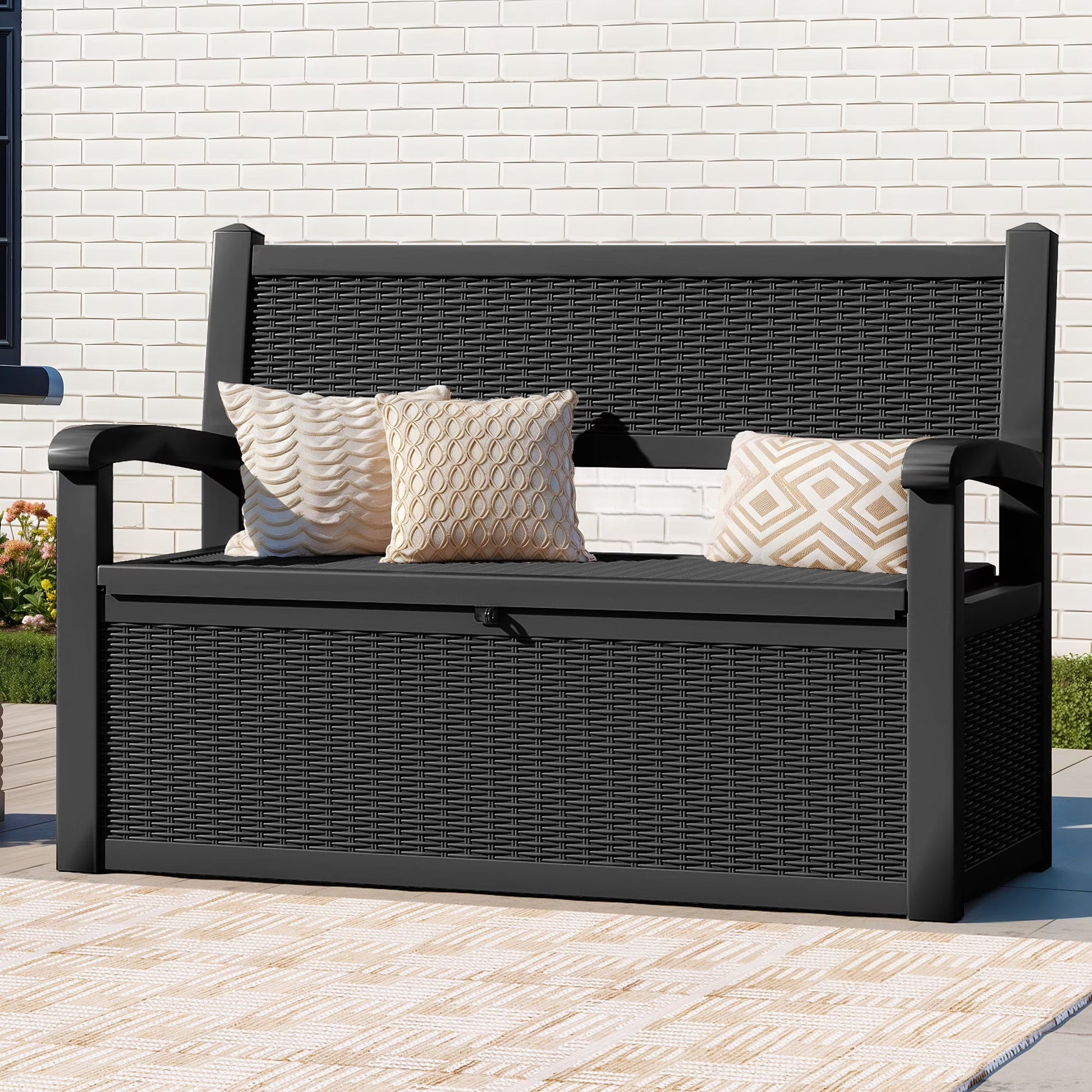ModFusion 70-Gallon Outdoor Resin Storage Cabinet with Rattan Backrest �C Waterproof Patio Bench Seat, 500 lbs Capacity, Black