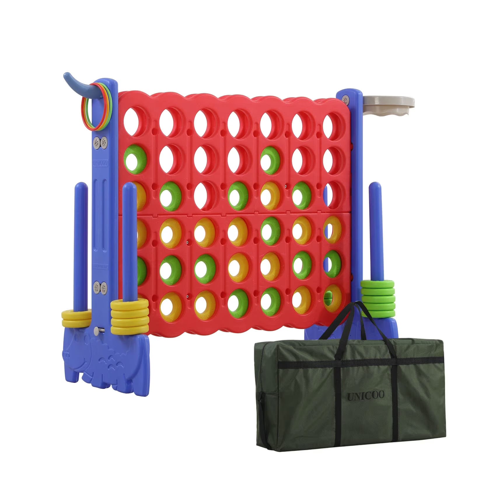 UNICOO® 3-in-1 Giant 4 in A Row Game, Featuring Basketball Hoop, Ring Toss Game  4-to-Score Game. Perfect for Kids  Adults, Parties  Gatherings with Carrying Bag (Red + Blue)