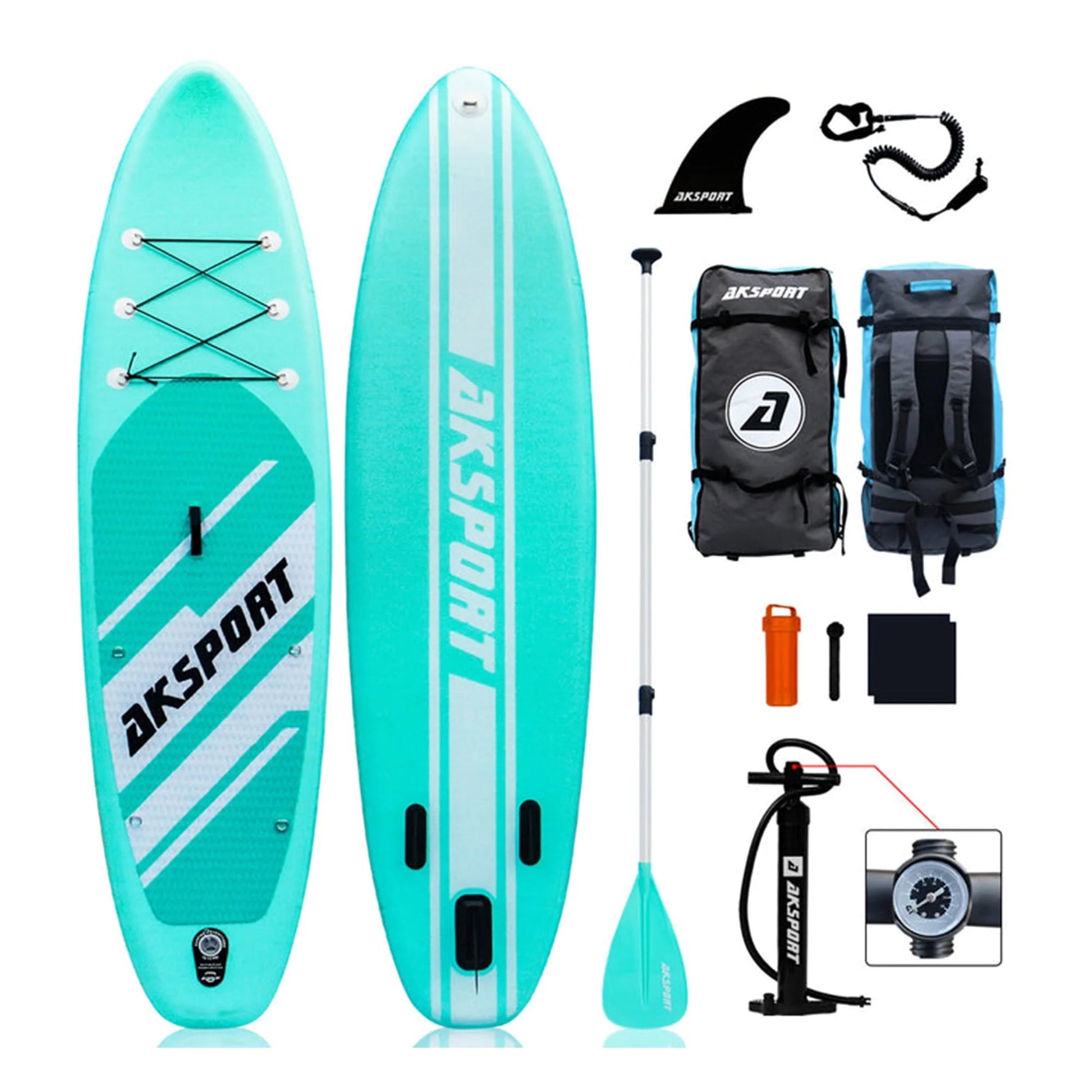 AKSPORT 10'6" Inflatable All Around Stand up Paddle Board Kit, Mint Green
