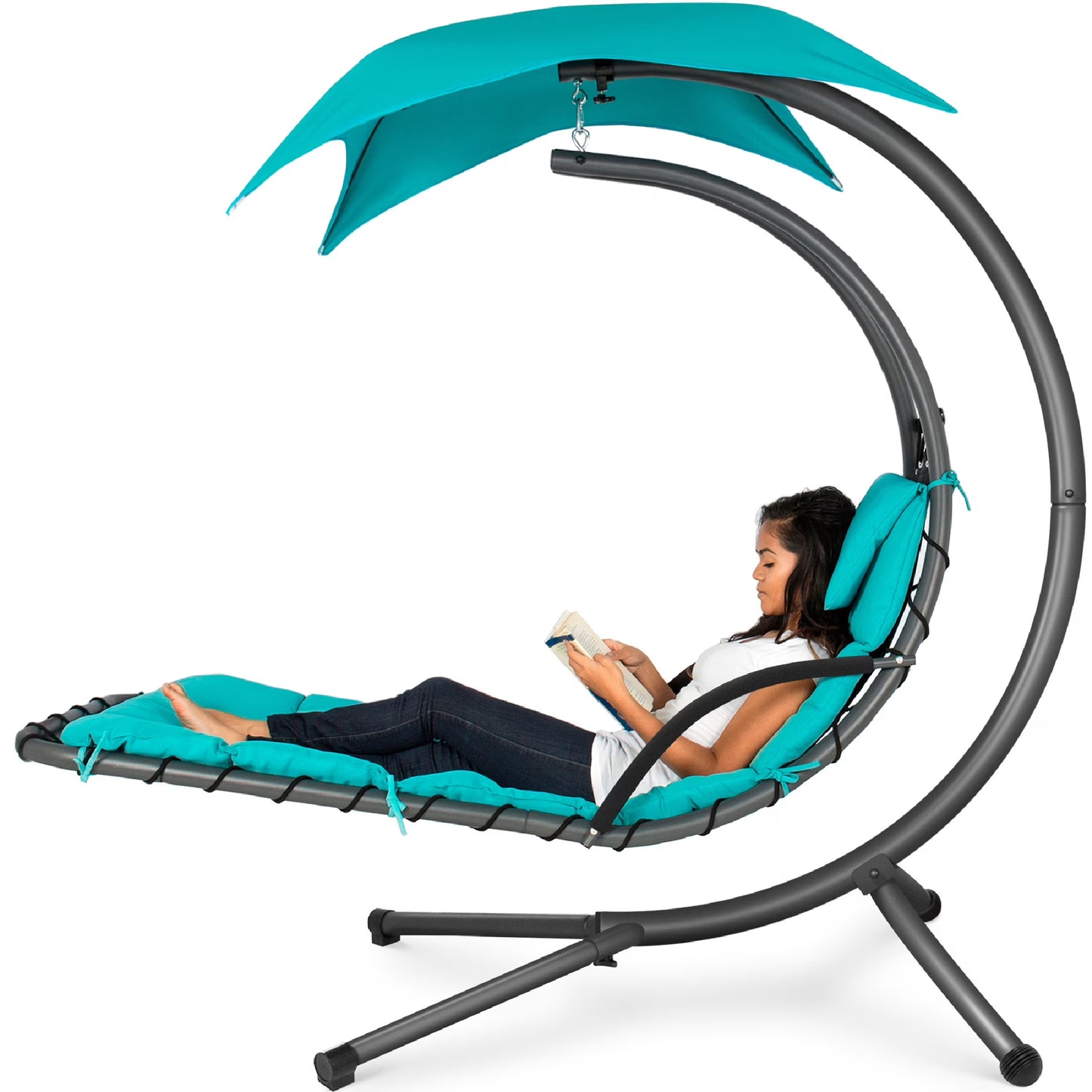Best Choice Products Hanging Curved Chaise Lounge Chair Swing for Backyard, Patio w/ Pillow, Shade, Stand - Teal(Blue)