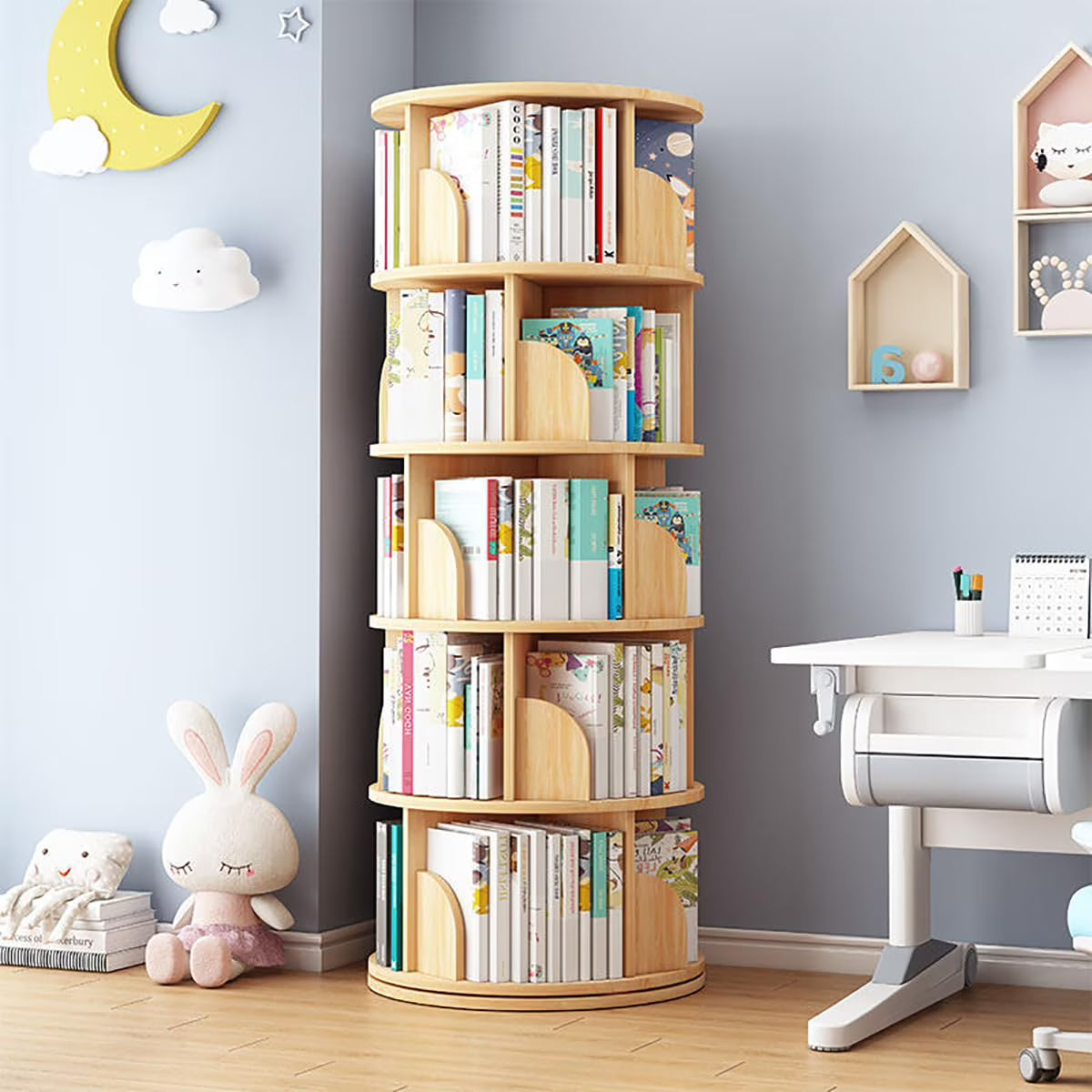 Rotating Bookshelf Tower, 4/5 Tier Circular Bookcase for KidsAdults, Wood 360�� Floor Standing Book Storage Rack, Spinning Bookshelfs Tower for Classroom Playroom Study Bedroom