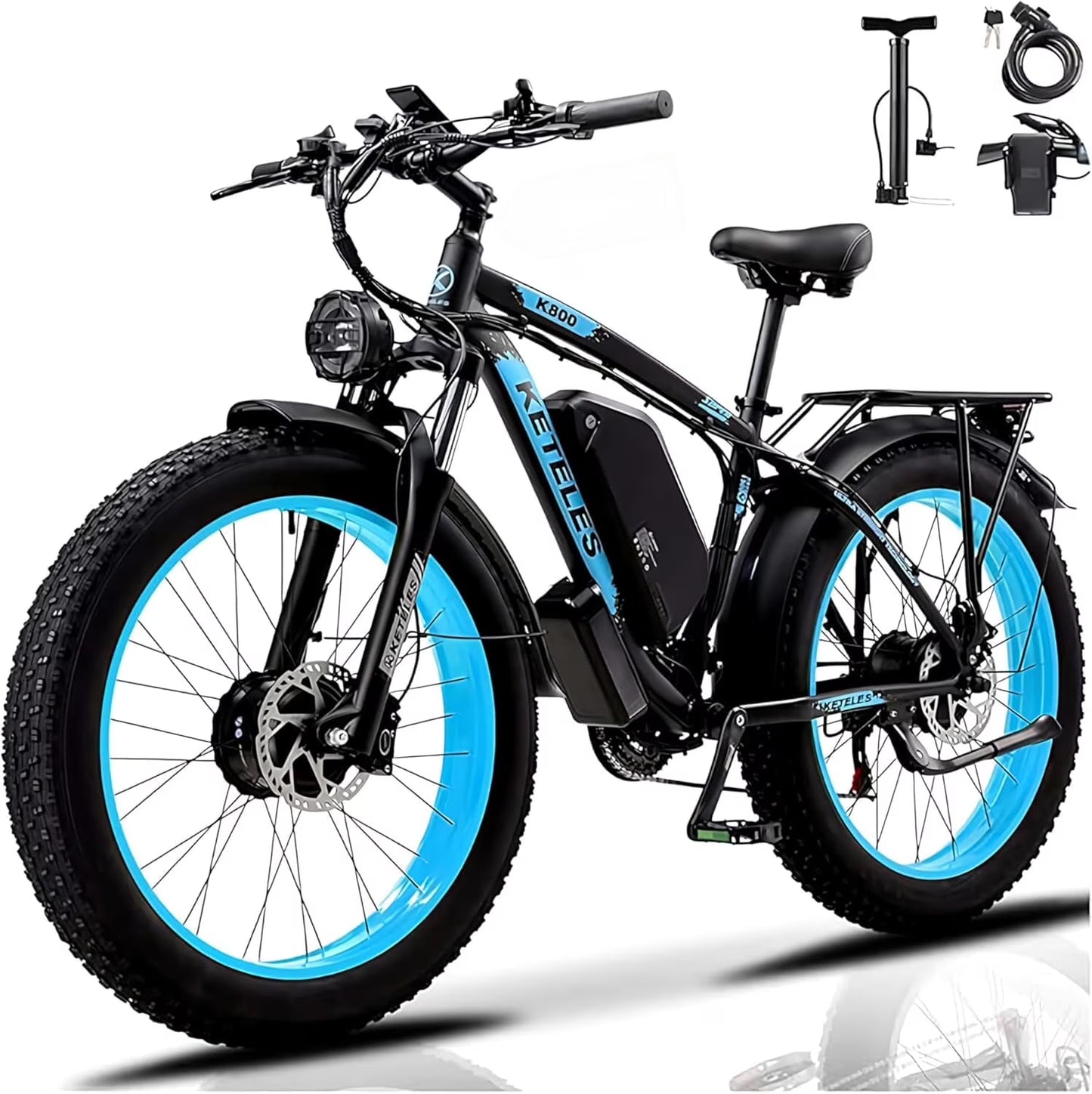KETELES Electric Bike for Adults, Peak 4000W Dual Motor Ebike��26" Fat Tire Electric Mountain bike,  48V 23AH Removable Battery UL 2849.(Blue)