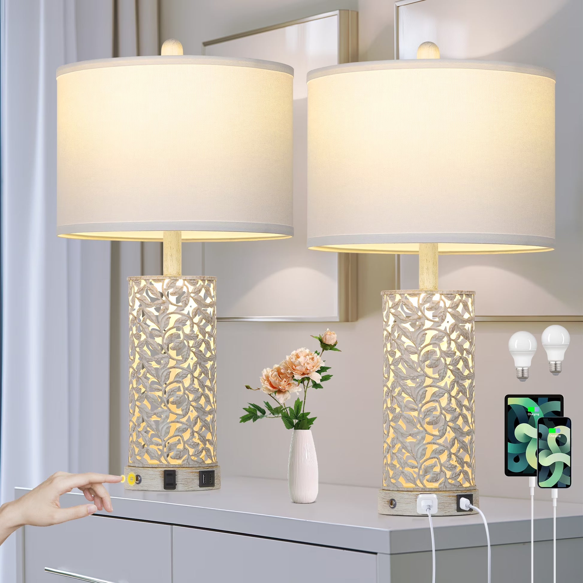 Cinkeda Table Lamp Set of 2 for Living Room Bedroom with USB Ports AC Outlet 3 Way Dimmable Touch Nightlight Farmhouse White Floral Nightstand Bedside Lamps(White Floral(12.6" x 12.6" x 24.5))