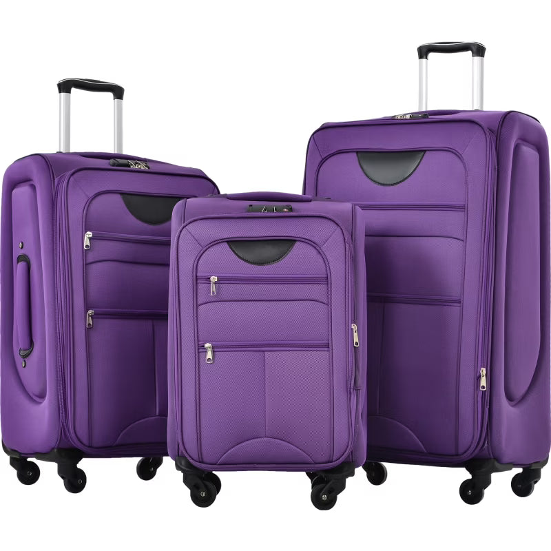 Softside Luggage Expandable 3 Piece Set Suitcase Upright Spinner Softshell Lightweight Luggage Travel Set(Purple + Polyester)