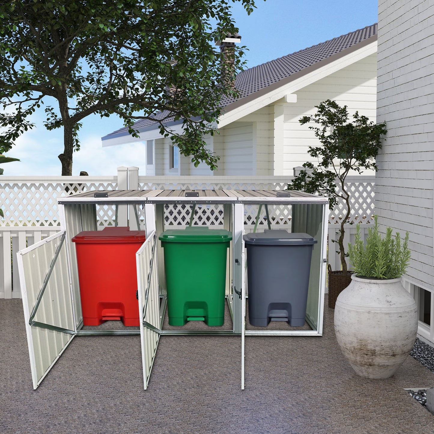 Aukfa 7.3' W Outdoor Garbage Bin Storage, Metal Storage Shed for 3 Trash Cans Tools, Waterproof Trash Can Storage(Gray-3)