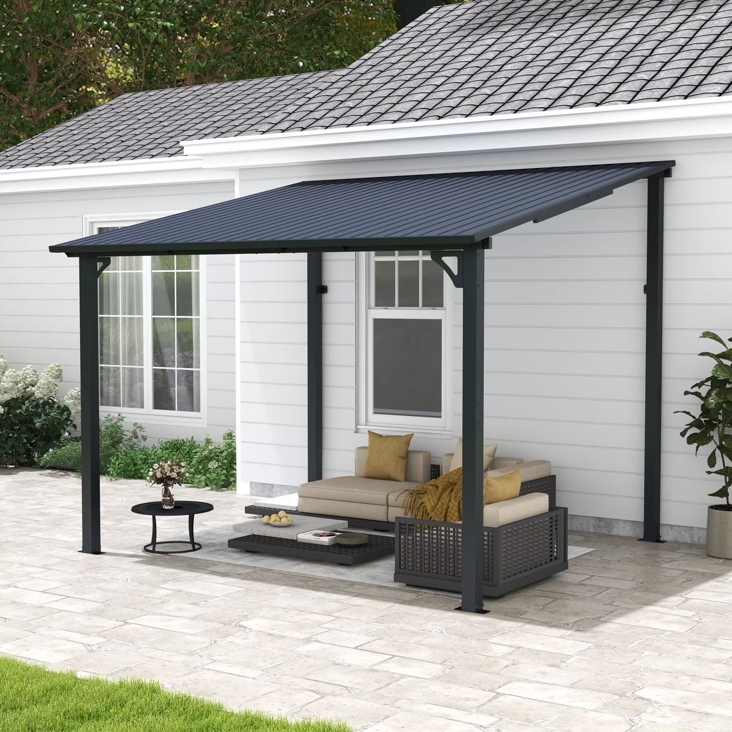 8' x 10' Outdoor Pergola Gazebo, Lean to Awnings Gazebos, Heavy Duty Hard Top Metal Pergola with Roof, for Patio, Backyard, Decks, Poolside(8' x 10')