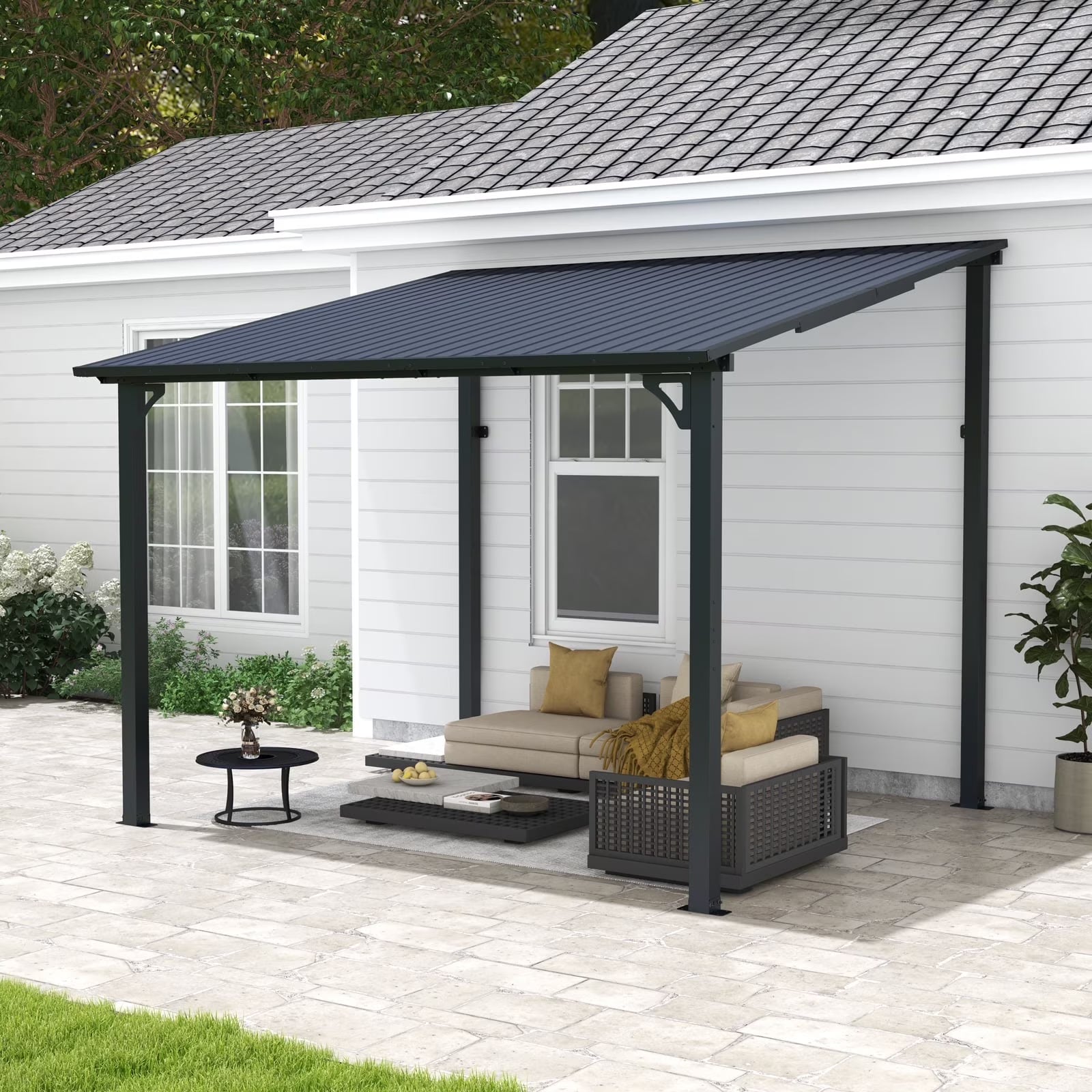 8' x 10' Outdoor Pergola Gazebo, Lean to Awnings Gazebos, Heavy Duty Hard Top Metal Pergola with Roof, for Patio, Backyard, Decks, Poolside(8' x 10')