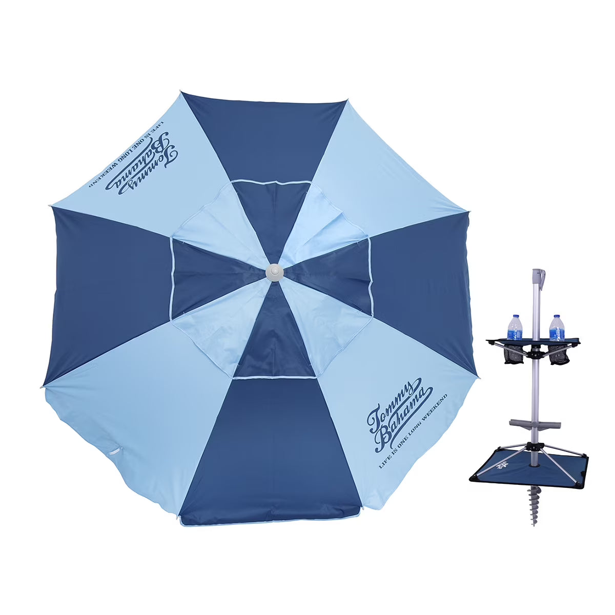 7 ft Fiberglass Tommy Bahama Beach Umbrella for Sand with Folding Anchor Base, Integrated Table, Telescopic Aluminum Pole, UPF 50+, Tilt(Dark Blue / Light Blue Panels)