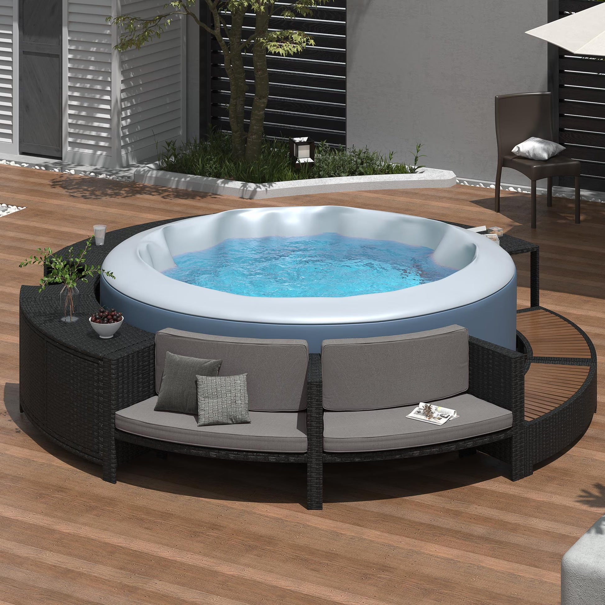 Round Hot Tub Surround Furniture, Spa Surround Outdoor Rattan Sectional Sofa Set with Mini Sofa, Solid Acacia Wood Hot Tub Storage Surround Patio Furniture Set, Gray Cushion(Round Spa Frame-Gray)