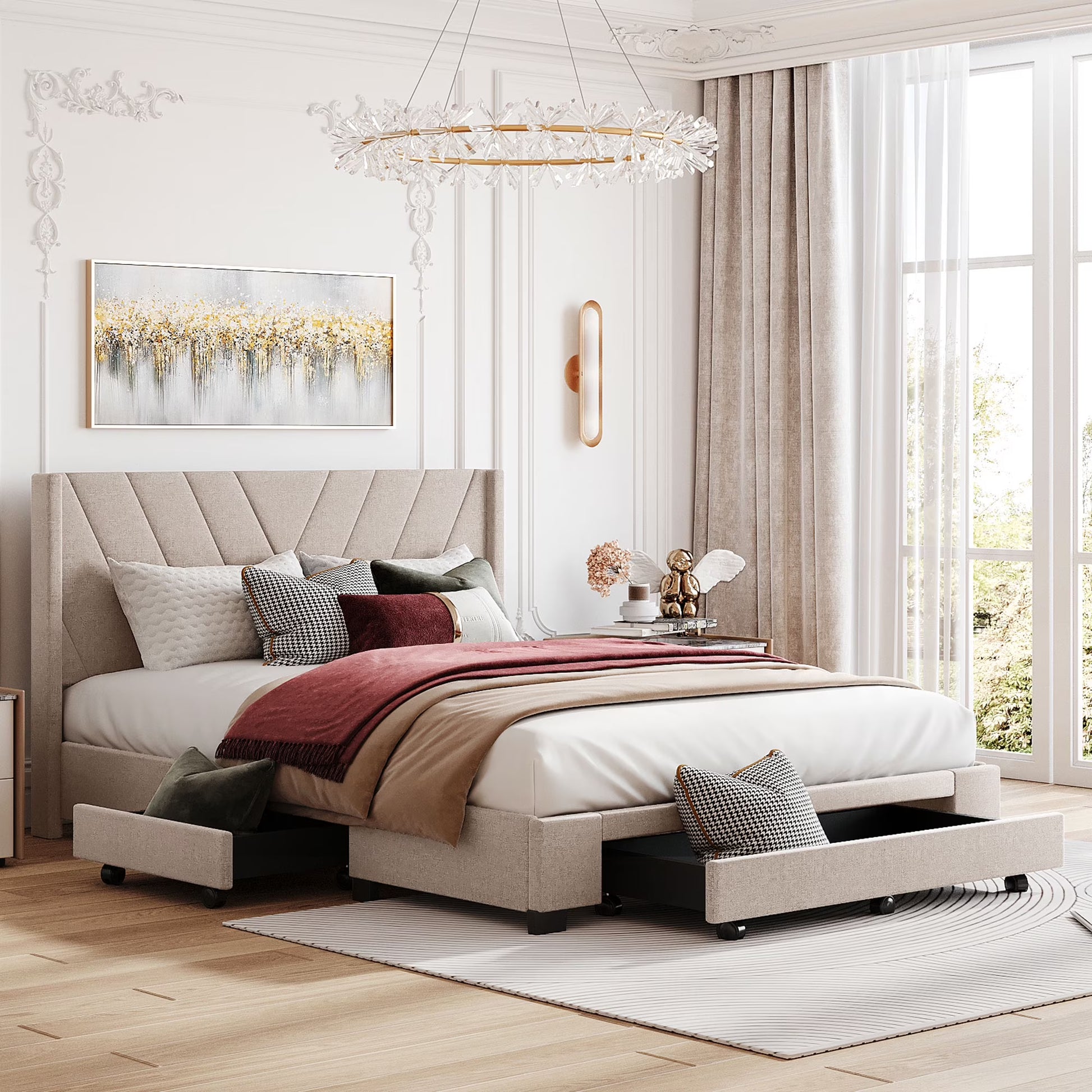 Sesslife Queen Bed Frame with Storage, New Upgraded Linen Upholstered Platform Bed with 3 Drawers, Queen Size Storage Bed with Headboard and Wooden Slats, No Box Spring Needed, Holds 500lbs, Beige(White)