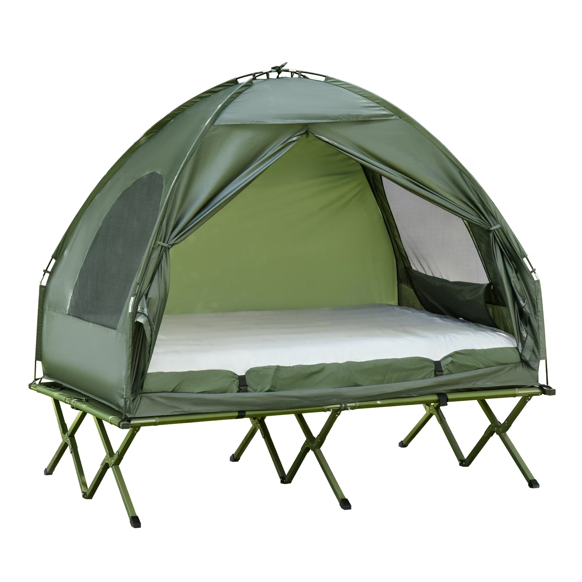 2 Person Foldable Camping Cot with Tent, Bedspread and Thick Air Mattress, 4-In-1 Elevated Camping Bed Tent for Outdoor Hiking, Picnic, Travel