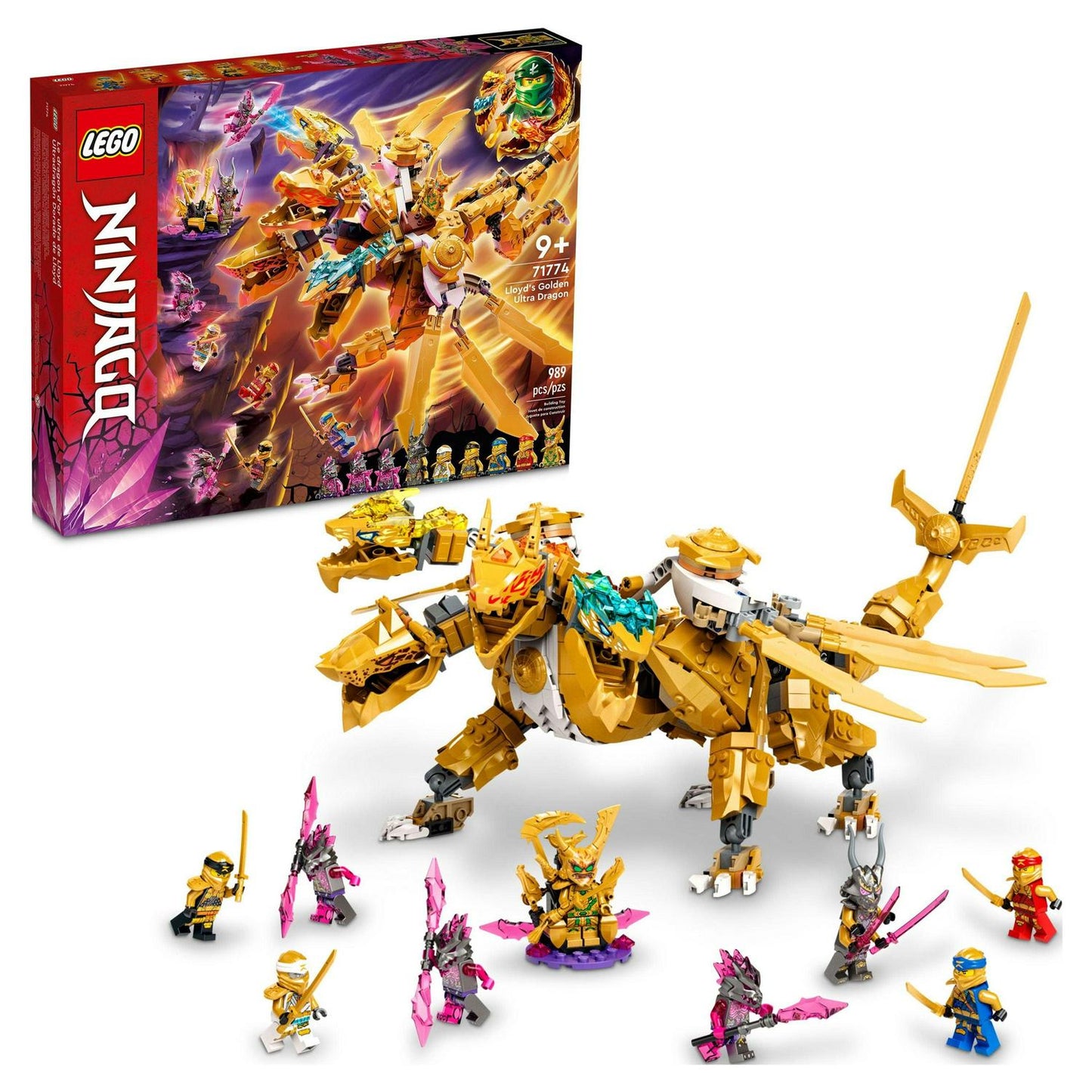LEGO NINJAGO Lloyd's Golden Ultra Dragon Toy for Kids. 71774 Large 4 Headed Action Figure with Blade Wings plus 9 Minifigures