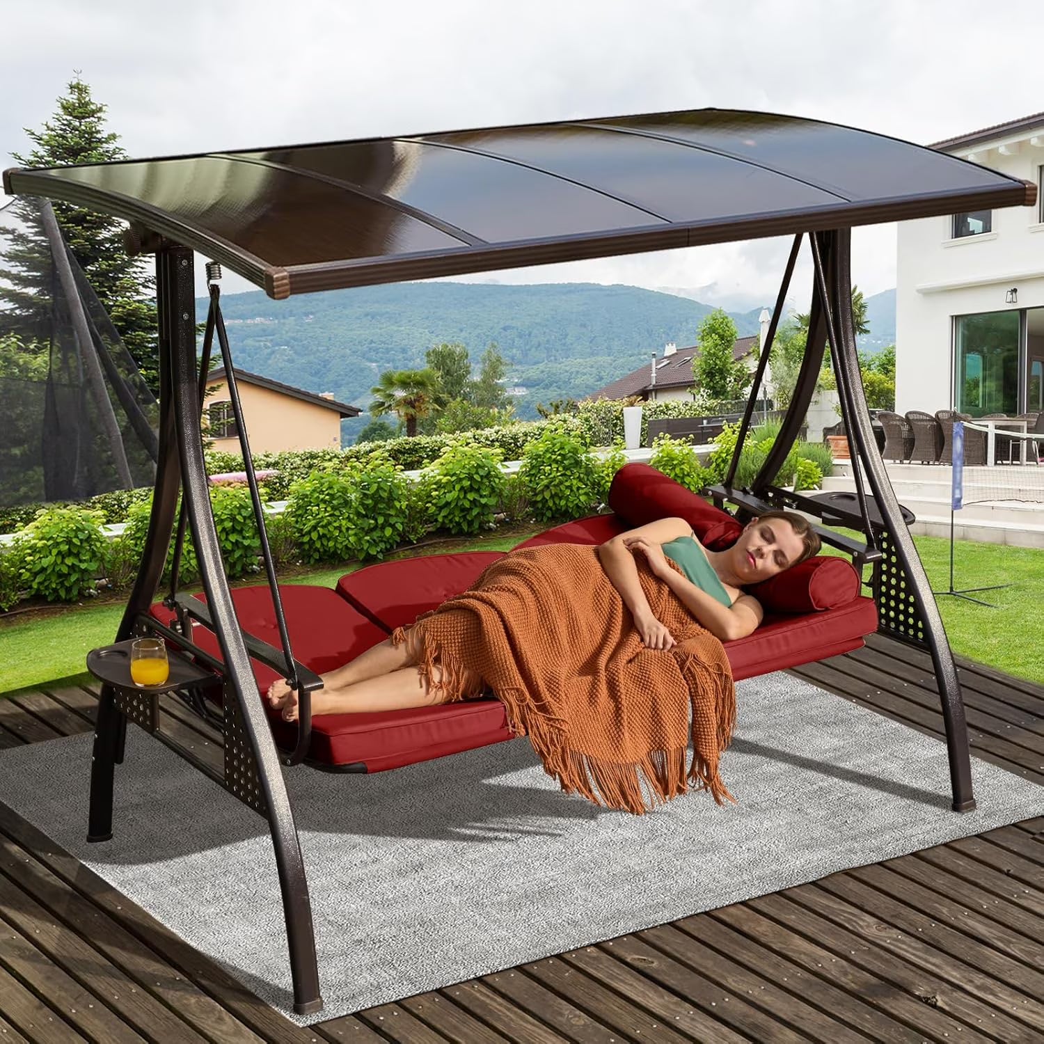 3-Seat Patio Porch Swing with Adjustable Hardtop,3 in 1 Convertible Outdoor Porch Swing for Adults,Patio Swing with Thicken Cushion,Pillows  Cup Holders for Porch,Backyard,Garden (Wine Red)