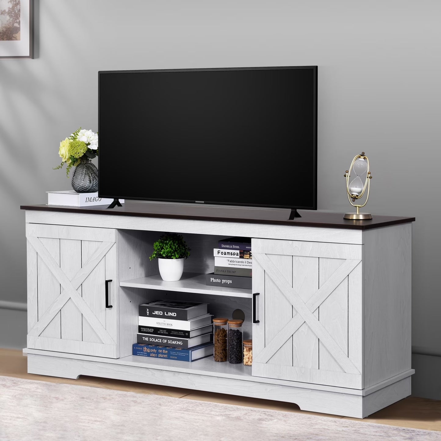 Dextrus Farmhouse TV Stand for 65 inch TV, Entertainment Center for Living Room, TV Media Console Cabinet, Grey Wash(Gray Wash)