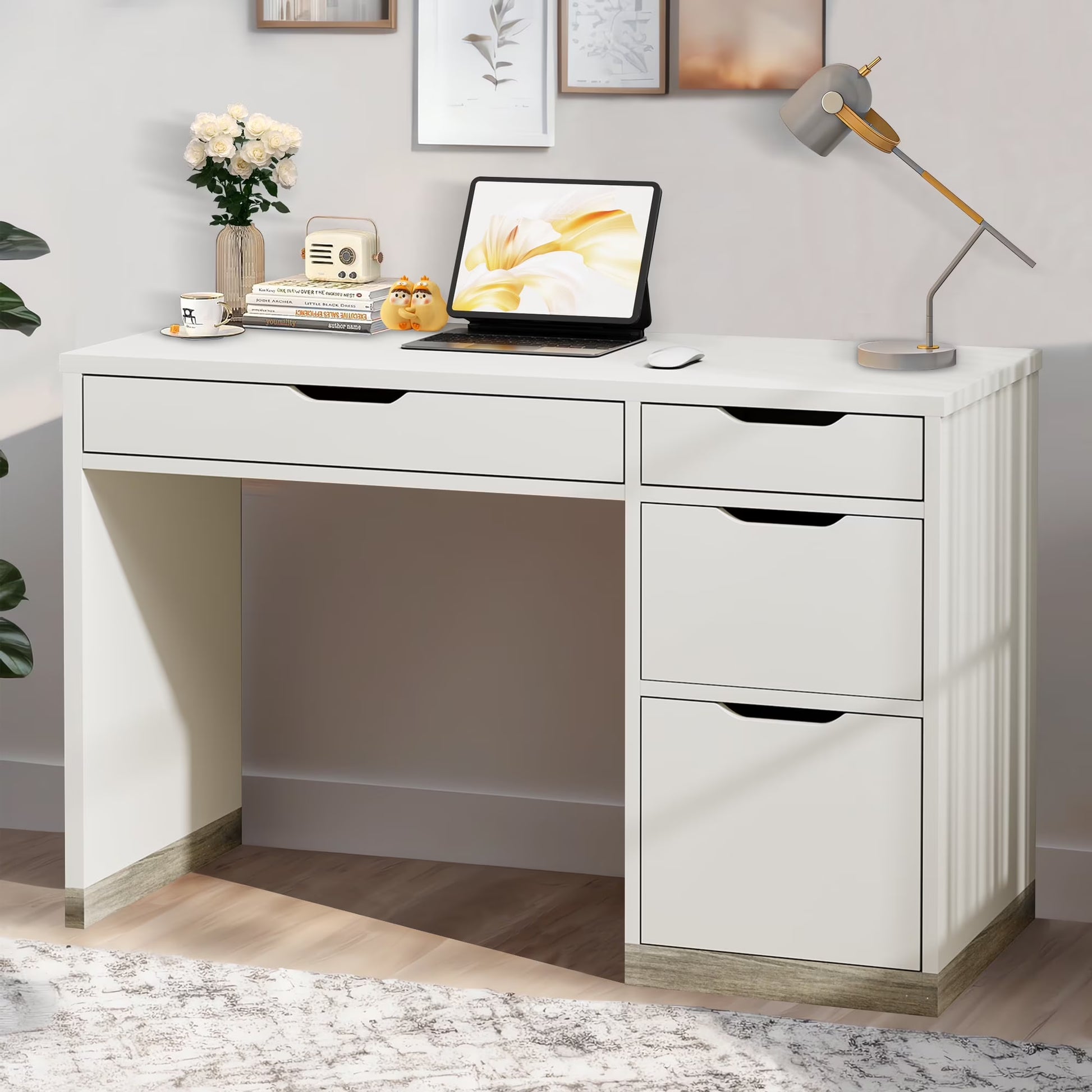 DreamCurship White Desk with Drawers, Modern Computer Desk with File Drawers, Home Office Study Writing Desk with Storage, White(White)