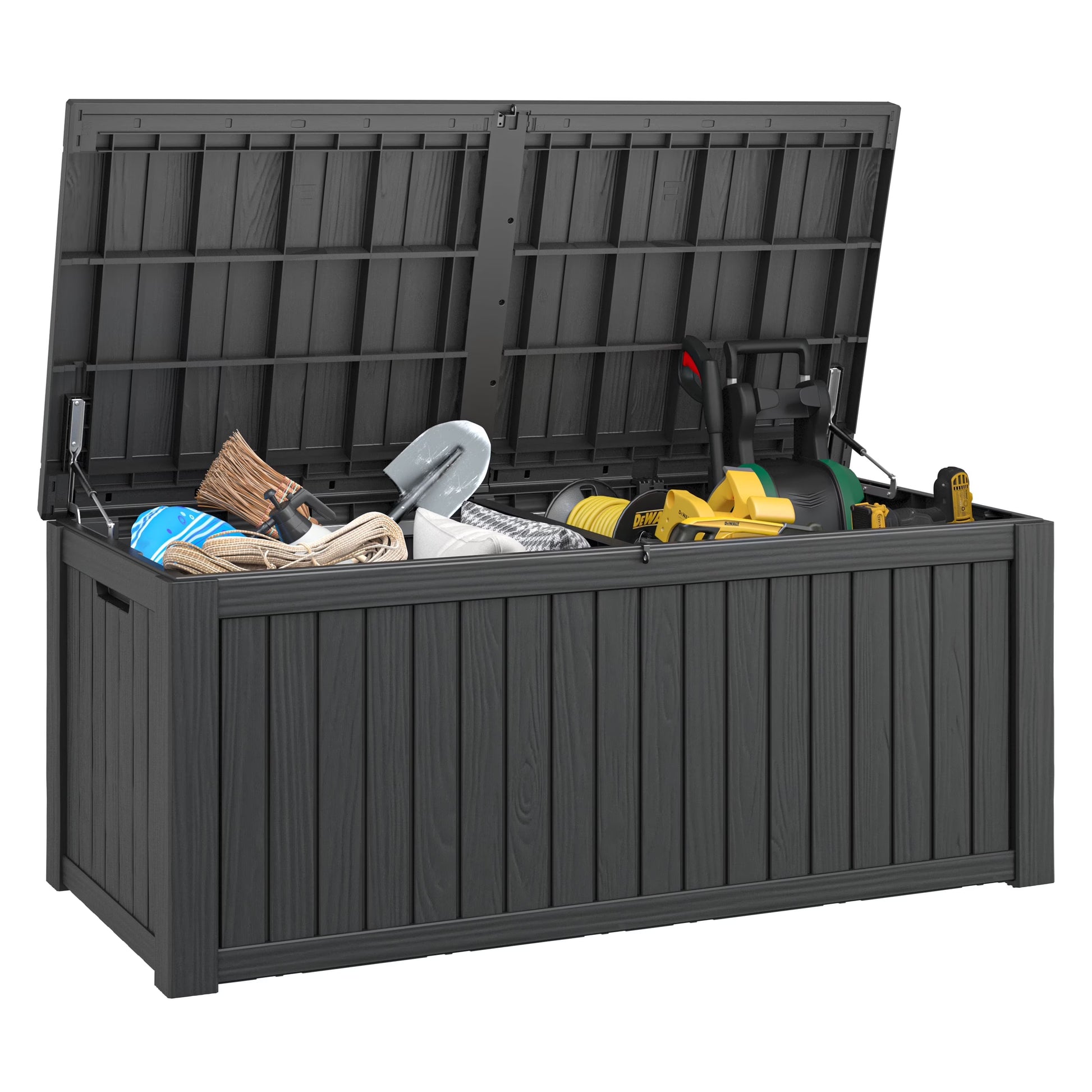 LHBcraft 150 Gallon Deck Box, Outdoor Storage Box, Large Waterproof Resin Indoor Storage Box with Built-in Steel Beams for Patio, Cushions, Pool Supplies(150 gal/Black)