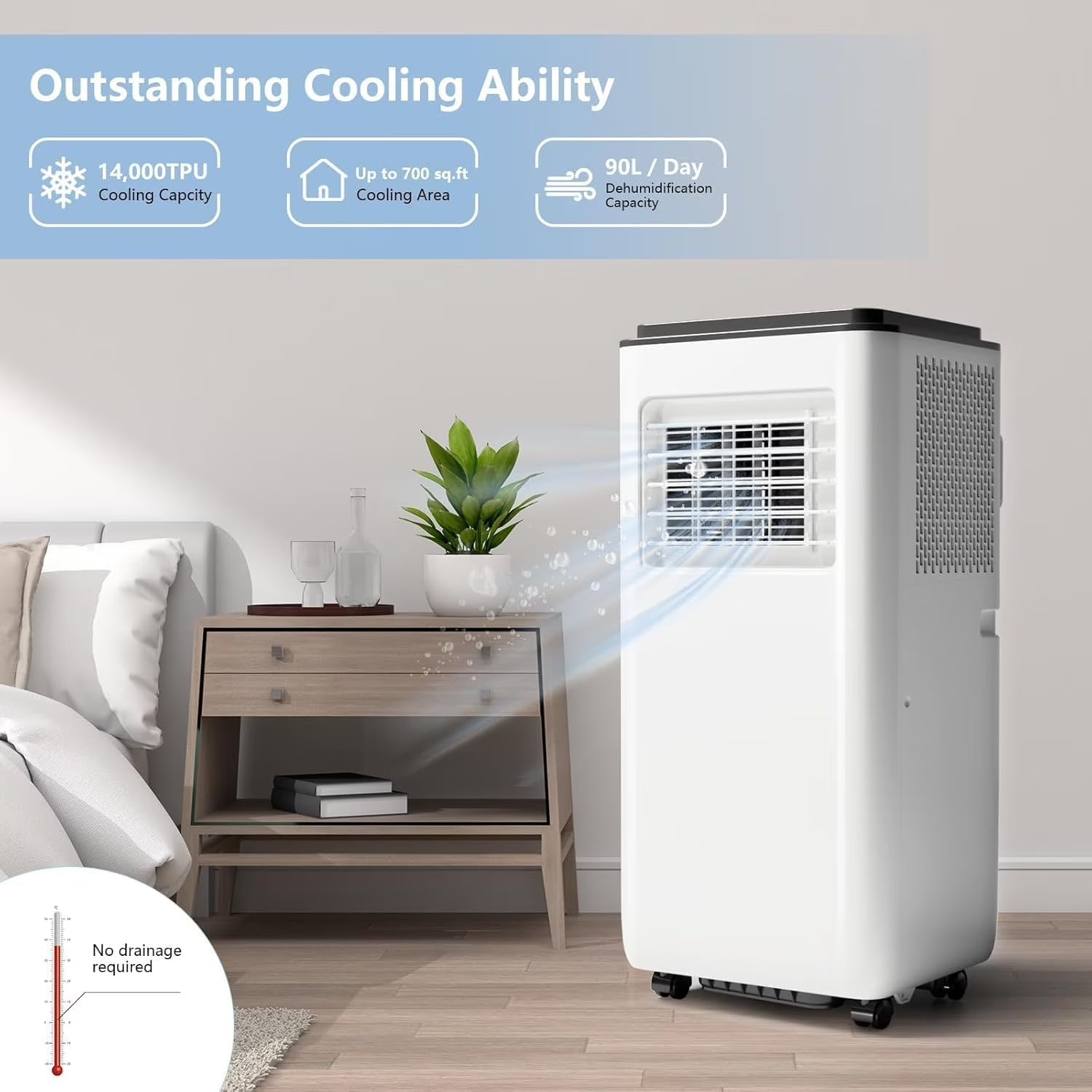 4-In-1 Portable AC with Advanced Filtration - 8000 BTU, Dehumidify, Sleep, Fan Modes, Quiet 54dB, Smart Control, Easy Mobility, Black(Black top cover)
