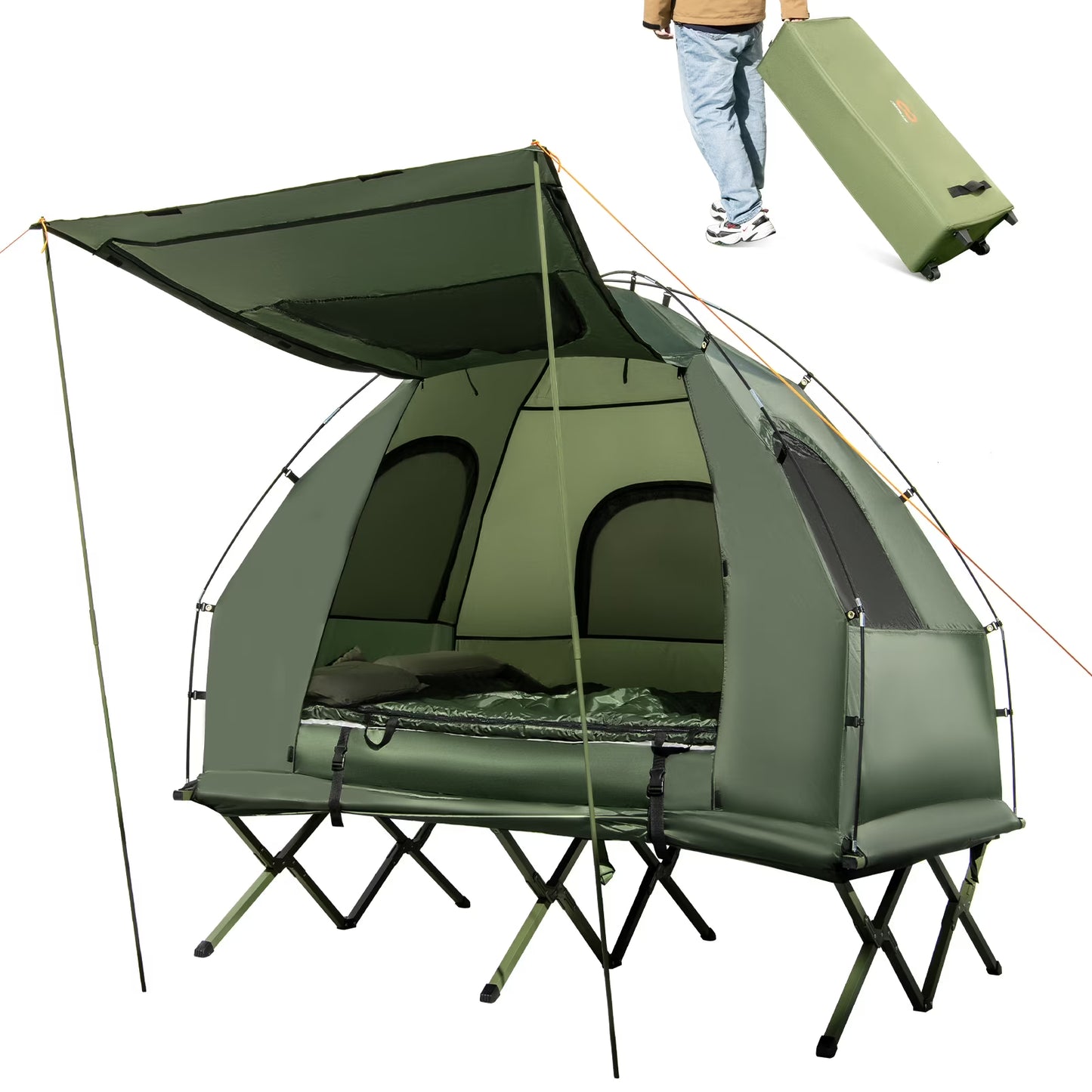 Gymax 2-Person Camping Tent Cot 5-in-1 Folding Camping Bed w/ Air Mattress Pillow Sleeping Bag