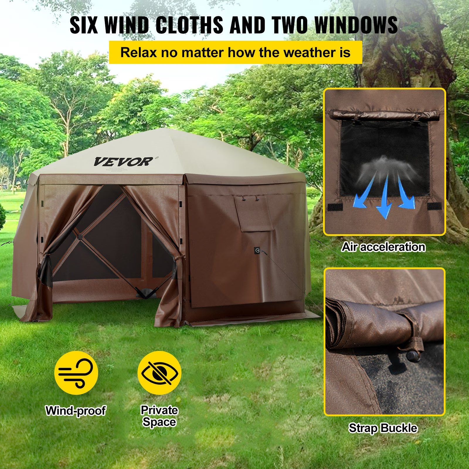 Extra Large 12x12ft Pop-Up Screen Tent, Portable Gazebo Canopy with Mesh Sides – Water-Resistant Shelter for Camping, Beach, Lawn (Brown/Beige, 6-Sided Design)