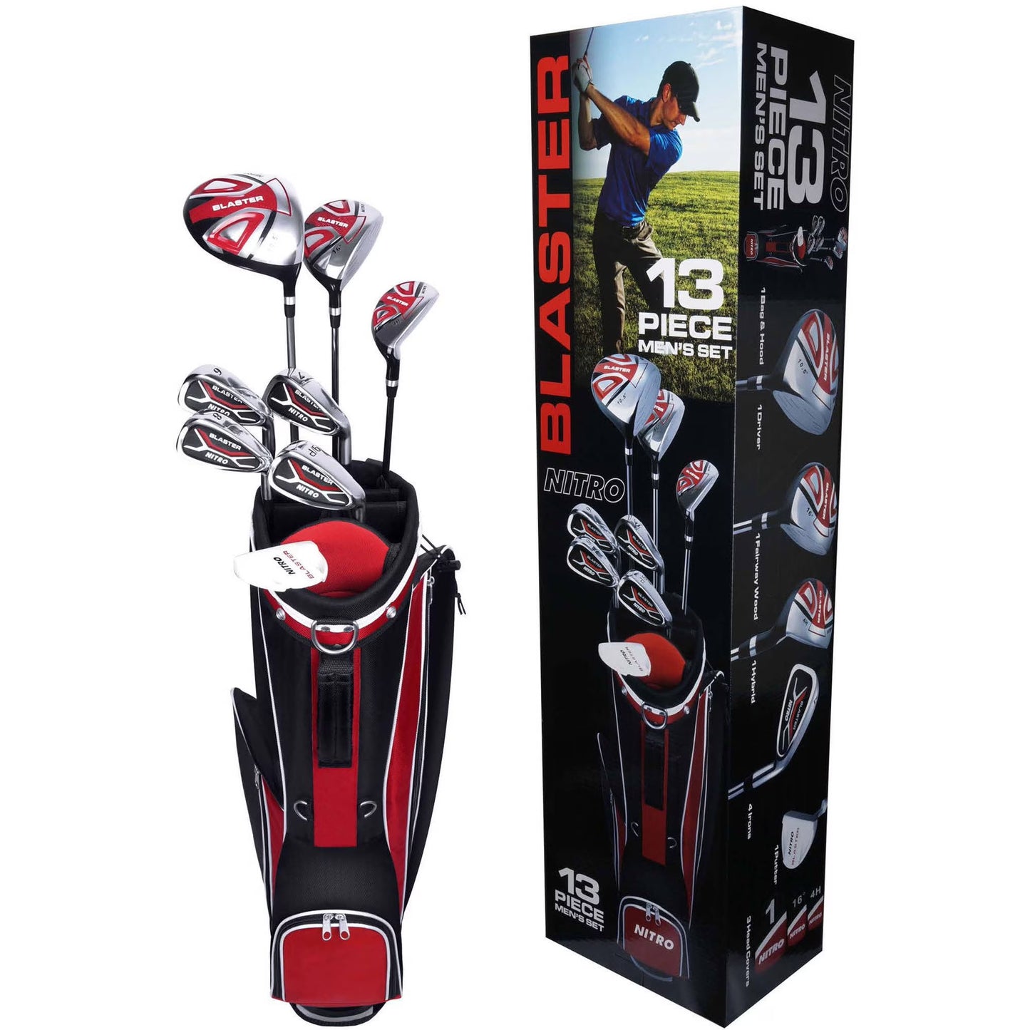 Nitro Men’s Blaster 13-Piece Golf Club Set – Right-Handed, Complete with Bag  Headcovers(Red)
