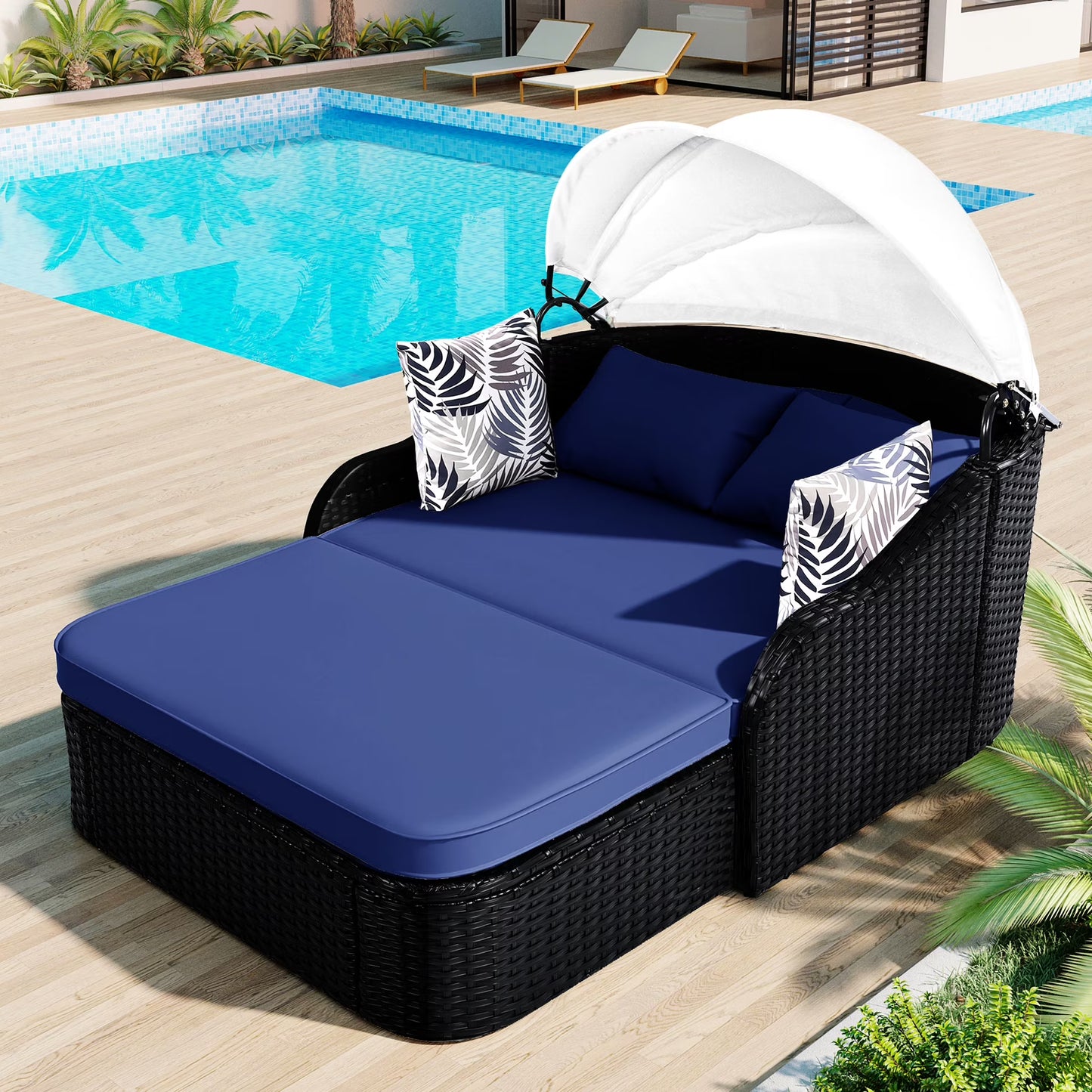 Outdoor Sun Lounger With Adjustable Canopy And Relaxing Pillow - Pe Black Blue Cushion 79.9" Daybed Cozy(Black+Blue)
