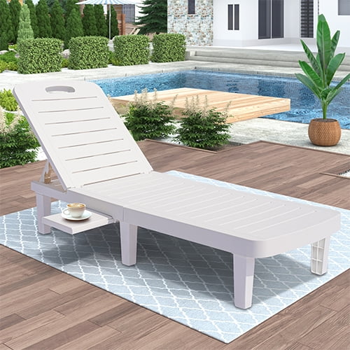 Patio Lounge Chair Set of 2, Adjustable Chaise with Side Table, Outdoor Lounger Recliner for Poolside, Patio, Backyard, Wood Texture Design | Waterproof | Easy to Assemble | Max Weight 330 lbs White(White,1PCS)