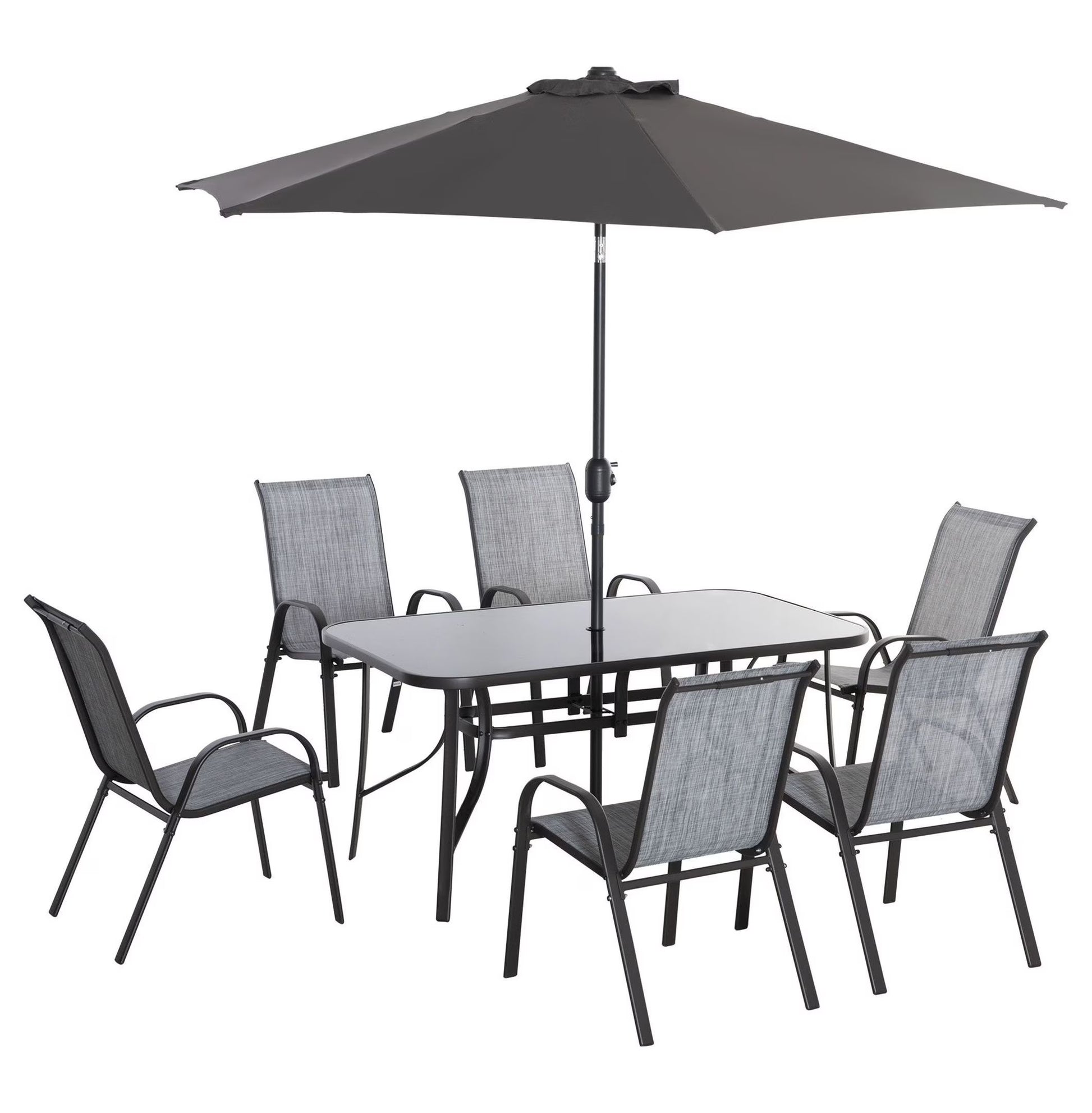 8-Piece Outdoor Dining Set with Umbrella, Patio Table and Chairs, Fast-Dry Fabric, 6 Chairs, Grey