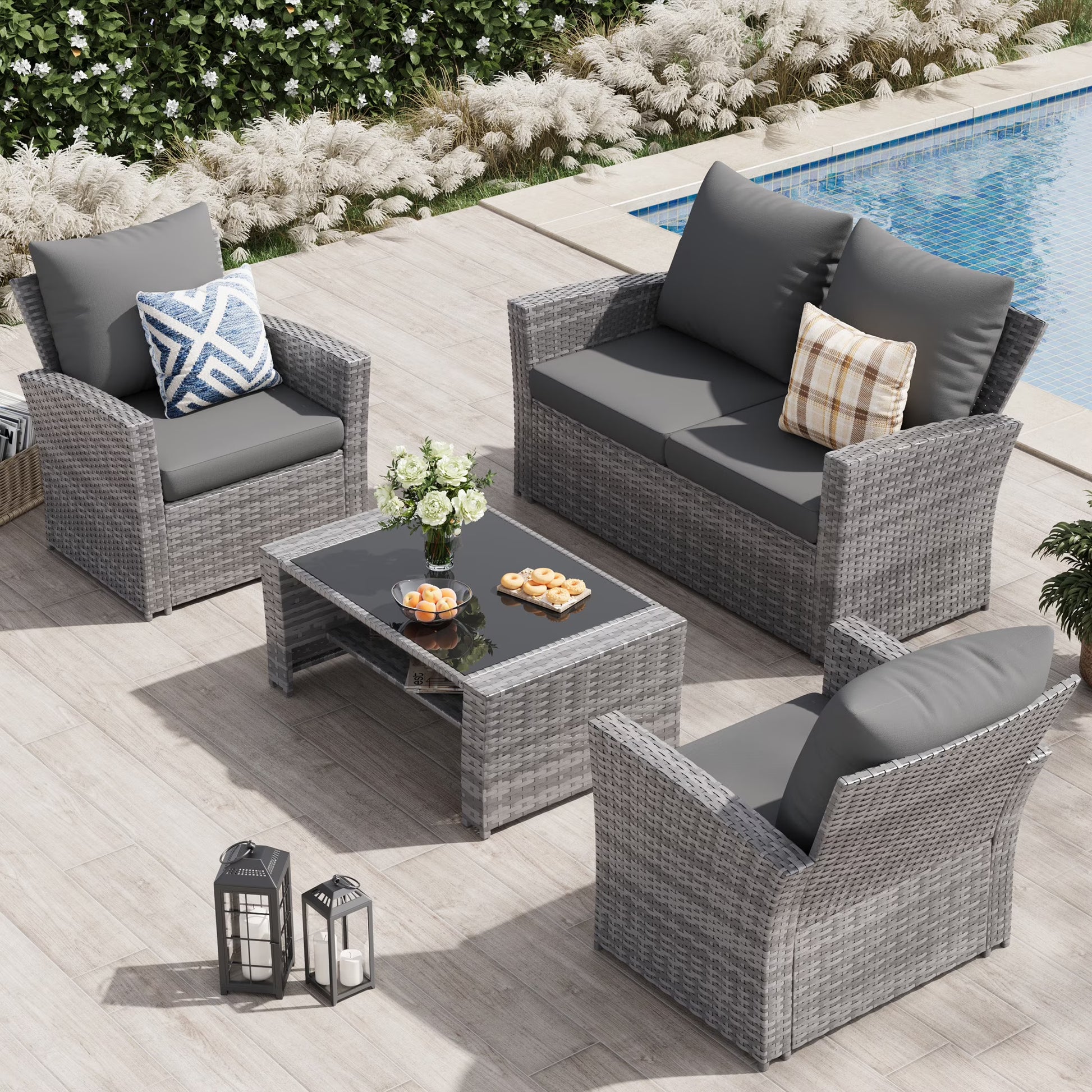 UDPATIO Wicker Patio Furniture Set, 4 Piece Outdoor Sectional Conversation Sets, Gray PE Rattan Patio Sofa Set for Balcony, Porch, Backyard, Grey(Gray)