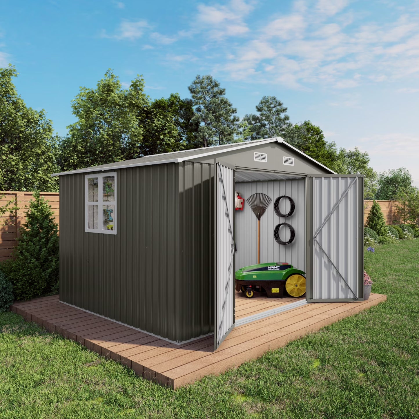 10 x 8 FT Outdoor Storage Shed, Large Metal Storage Shed, Lockable Door and Air Vent, Clear Window Garden Tool Shed for Bicycles, Tools, Lawnmowers, Backyards, Patios, Lawns - Gray(115.3''��94''��76.3'')