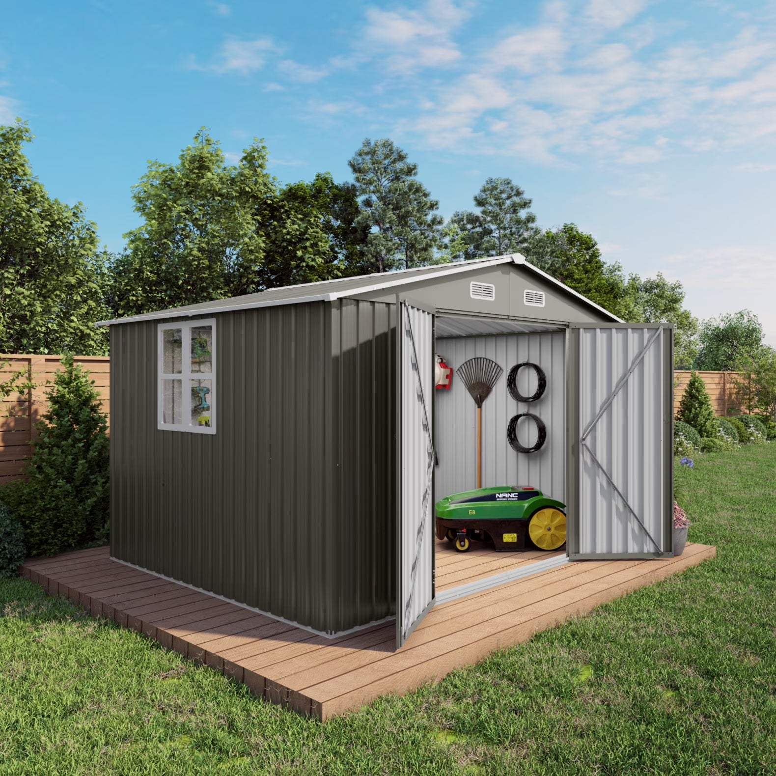 10 x 8 FT Outdoor Storage Shed, Large Metal Storage Shed, Lockable Door and Air Vent, Clear Window Garden Tool Shed for Bicycles, Tools, Lawnmowers, Backyards, Patios, Lawns - Gray(115.3''��94''��76.3'')